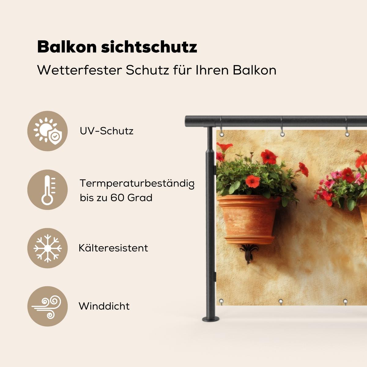 BALKON-SICHTSCHUTZ Blumentöpfe - Wand - Vintage Deko XXL 500x120 cm - Terracotta, Kunststoff (500/120cm) - MuchoWow