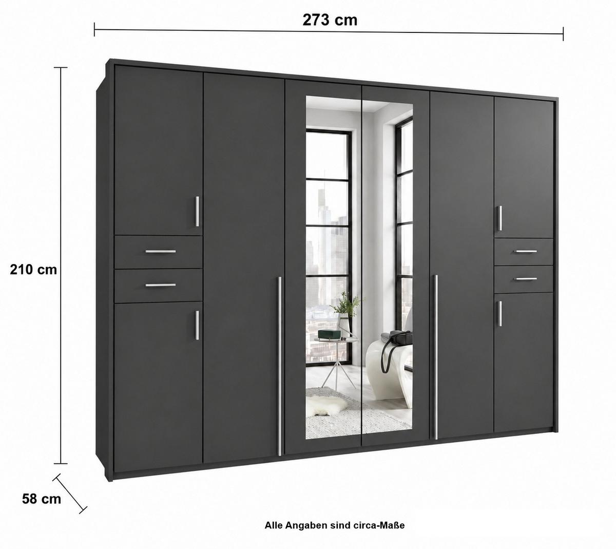 DREHTÜRENSCHRANK B273/H210/T58 cm in Grafit, Kleiderschrank mit Passepartout & 2 Spiegeltüren & Schubkästen, Griffe alufarbig / 22577 - Silberfarben/Graphitfarben, Holzwerkstoff/Kunststoff (273/210/58cm) - luma-home