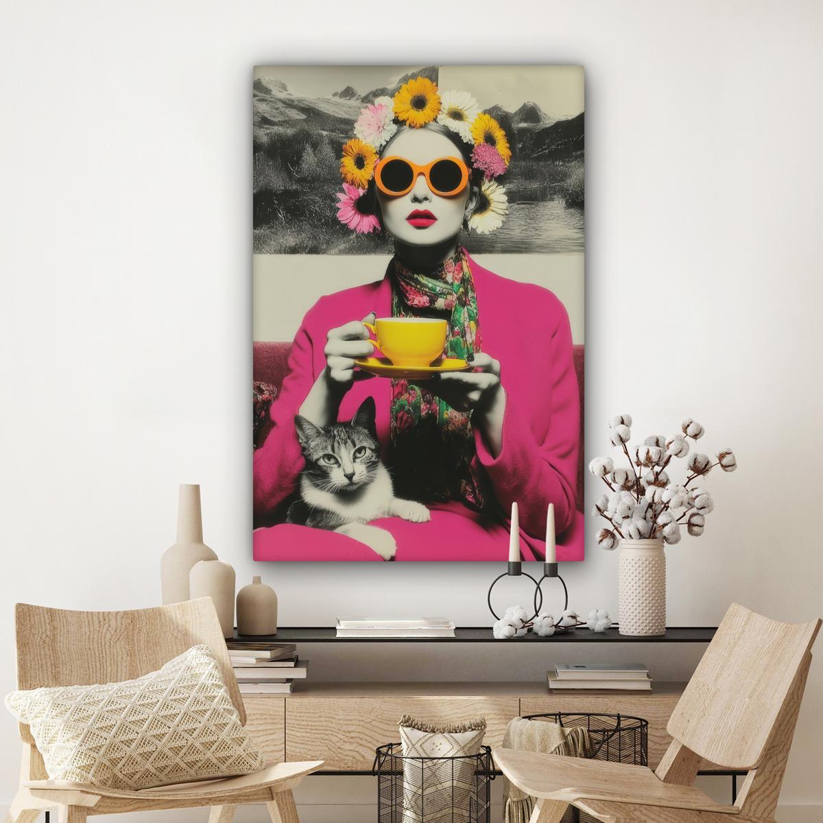LEINWANDBILD Frau - Katze - Blumen - Tasse - Retro Deko XXL 80x120 cm - Magenta, Textil (80/120cm) - MuchoWow