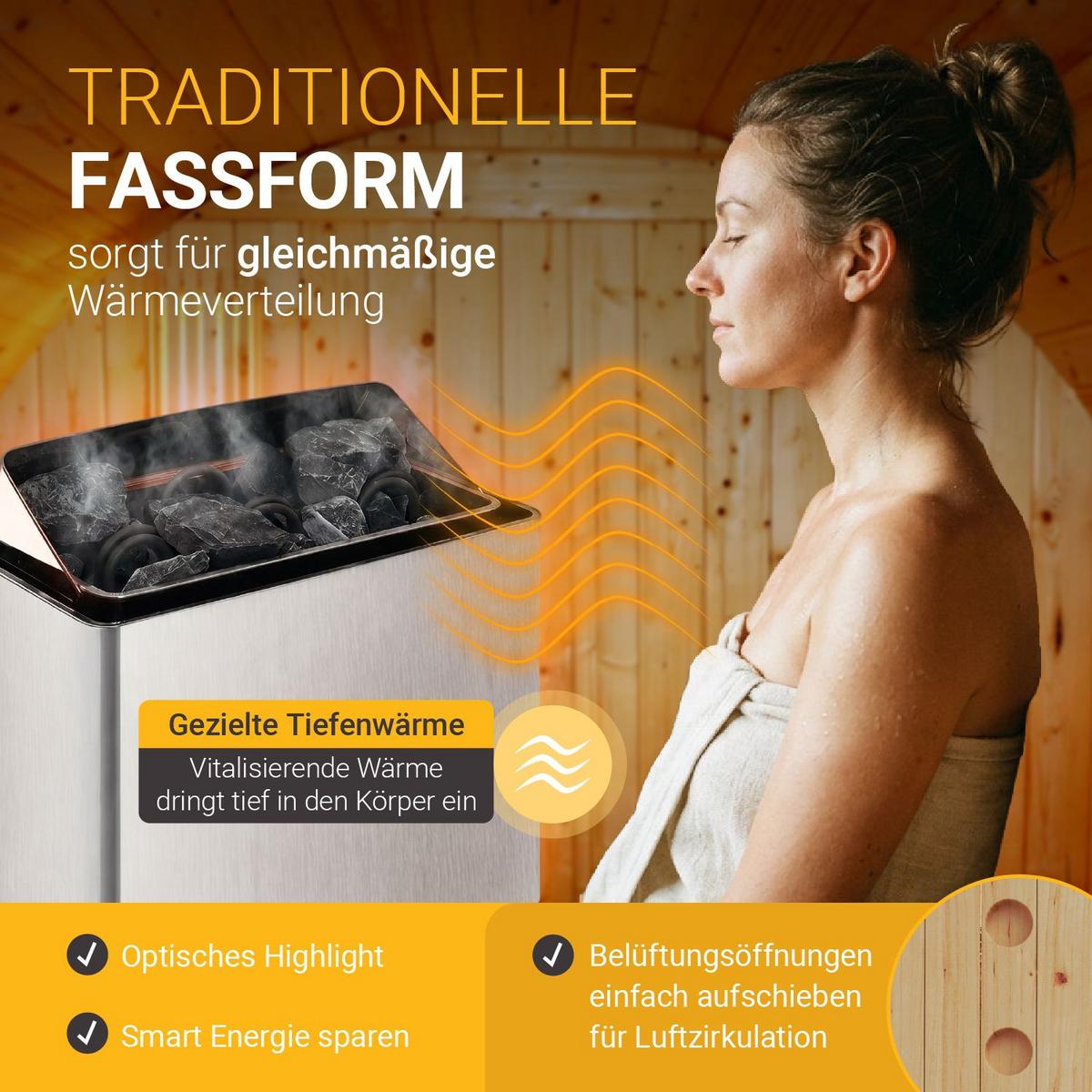 FASSSAUNA Spitzbergen 120 cm mit 3,6 kW Saunaofen (2 Personen) - Naturfarben, Holz (191/193/120cm) - Artsauna