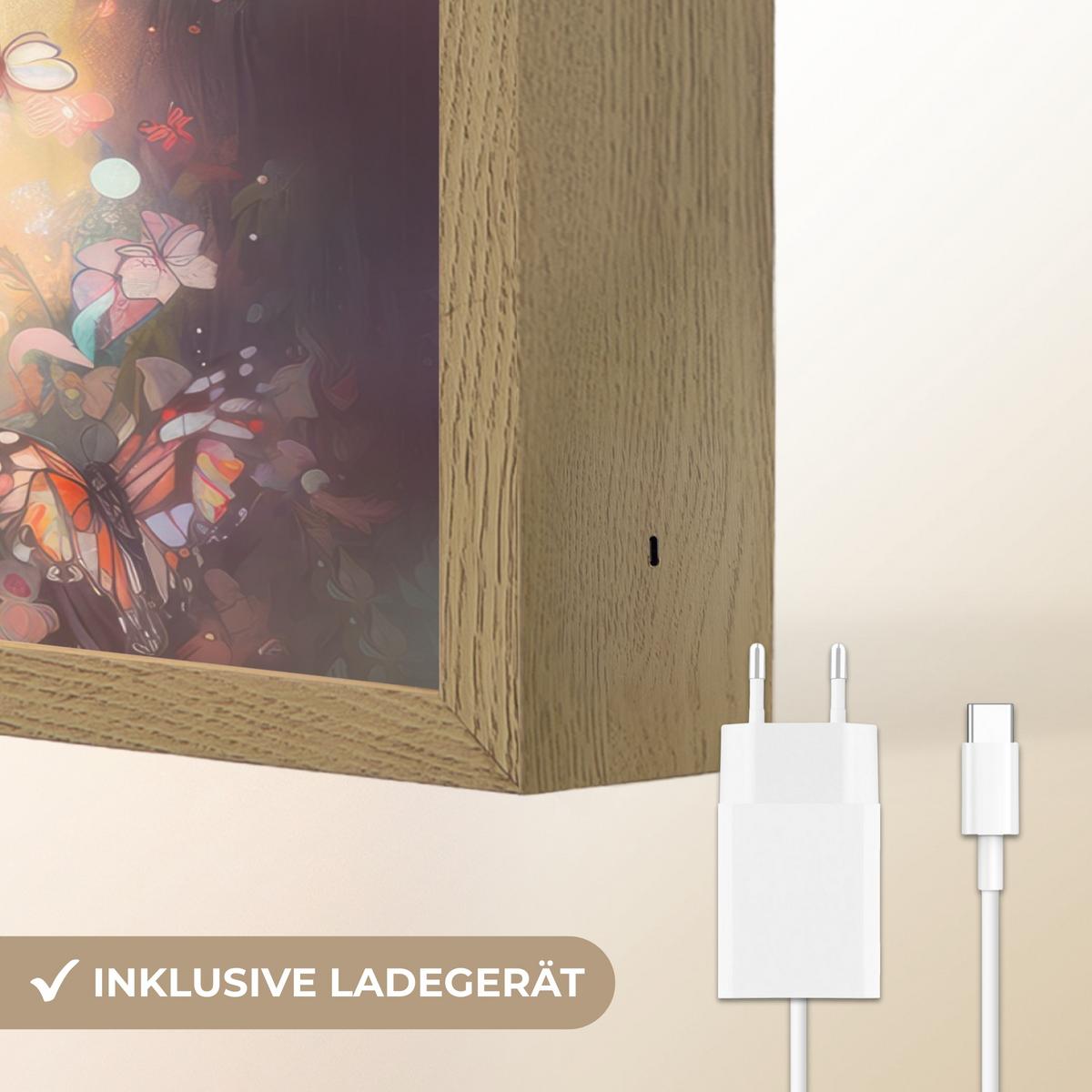 WANDLEUCHTE MIT AKKU Pferd - Natur - Blumen - Schmetterlinge - Wald 40x30 cm - Dunkelbraun, Holzwerkstoff (40/30/8cm) - OnlyWow