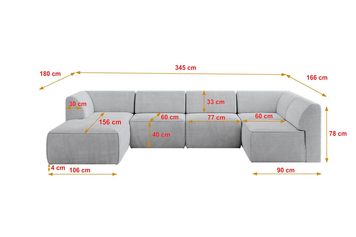 WOHNLANDSCHAFT Ottomane Links MOVO-L 345x180x78 cm Grau Cord - Grau, Holzwerkstoff/Kunststoff (345/78/180cm) - ALTDECOR