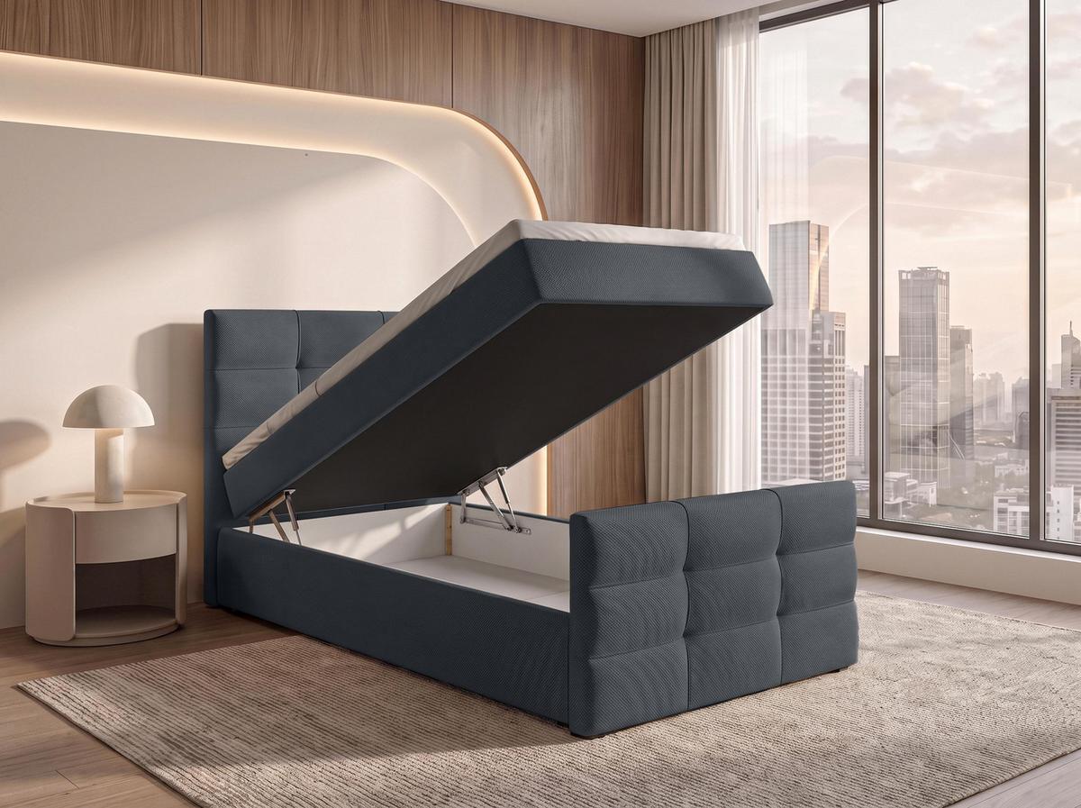 BOXBETT DEFNE 100x200 cm mit Fußteil und Matratze - Dunkelgrau + TOPPER - Dunkelgrau/Schwarz, Holz/Holzwerkstoff (100/200cm) - AX Living