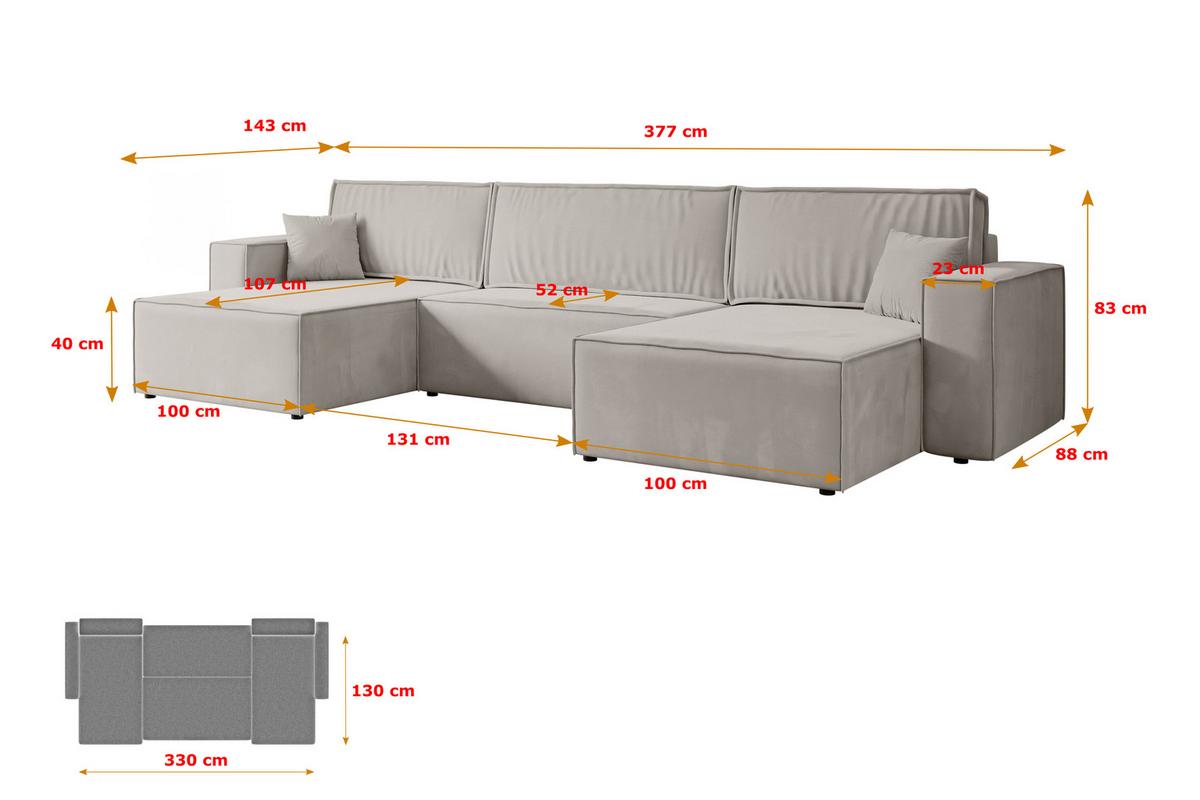 WOHNLANDSCHAFT mit Schlaffunktion und Bettkasten CELTIC-XLU - 377x143x83 cm Hellbraun Velours - Hellbraun/Schwarz, Holzwerkstoff/Kunststoff (377/83/143cm) - ALTDECOR