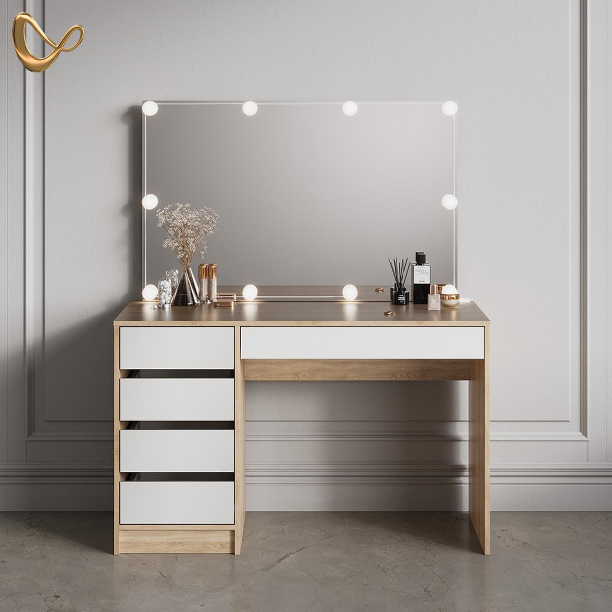SCHMINKTISCH Imola Weiß/Sonoma 120 cm mit LED Beleuchtung - Weiß/Sonoma Eiche, Holzwerkstoff (120/75/55cm) - Livinity®