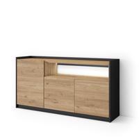 SIDEBOARD, Eiche und Schwarz, 156/37/80cm, mit Led - Eichefarben, Holzwerkstoff (156/80/37cm) - Skraut Home