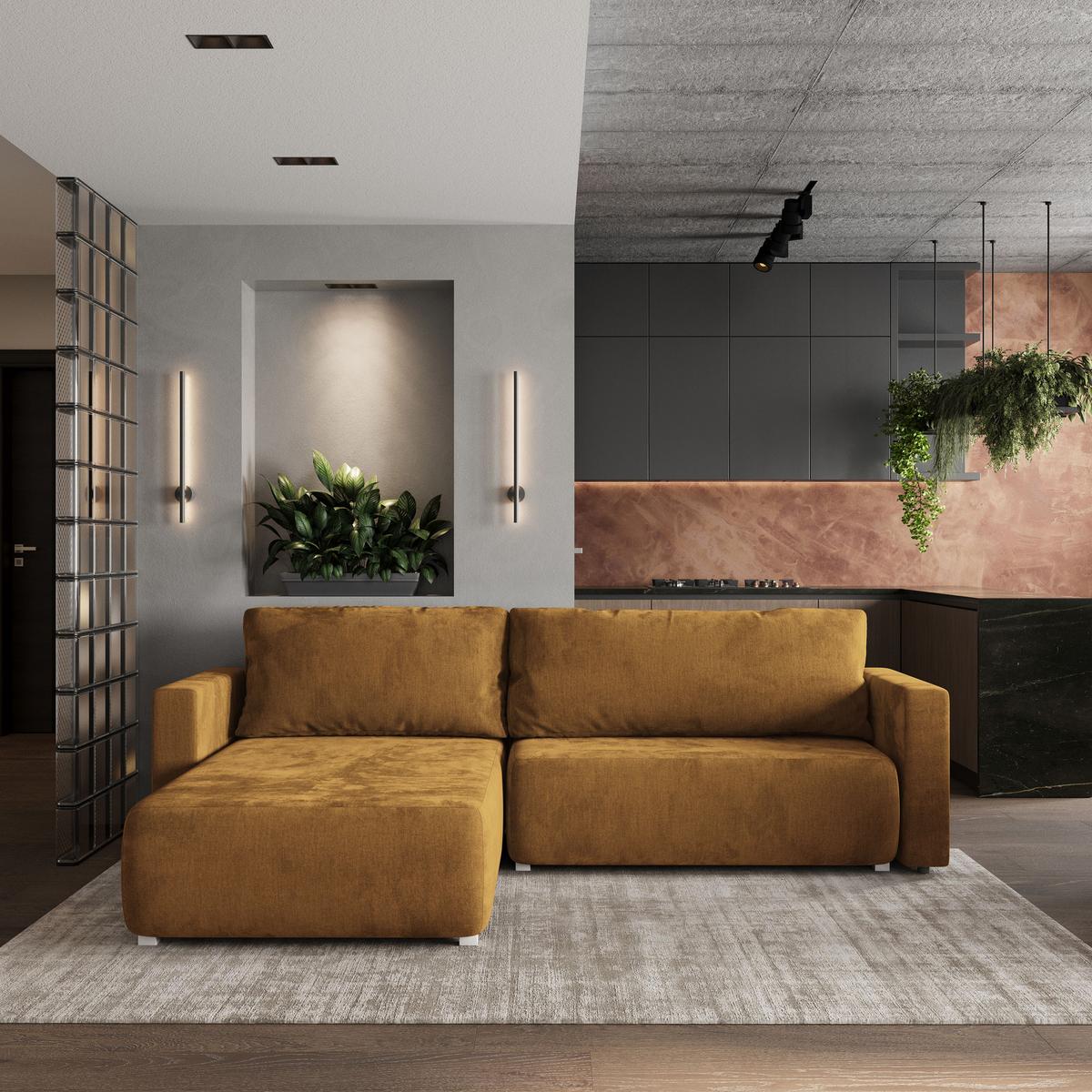 ECKSOFA TURIN M Gelb Velours-Stoff mit Schlaffunktion - Gelb/Grau, Holz/Kunststoff (265/183cm) - MASSENO
