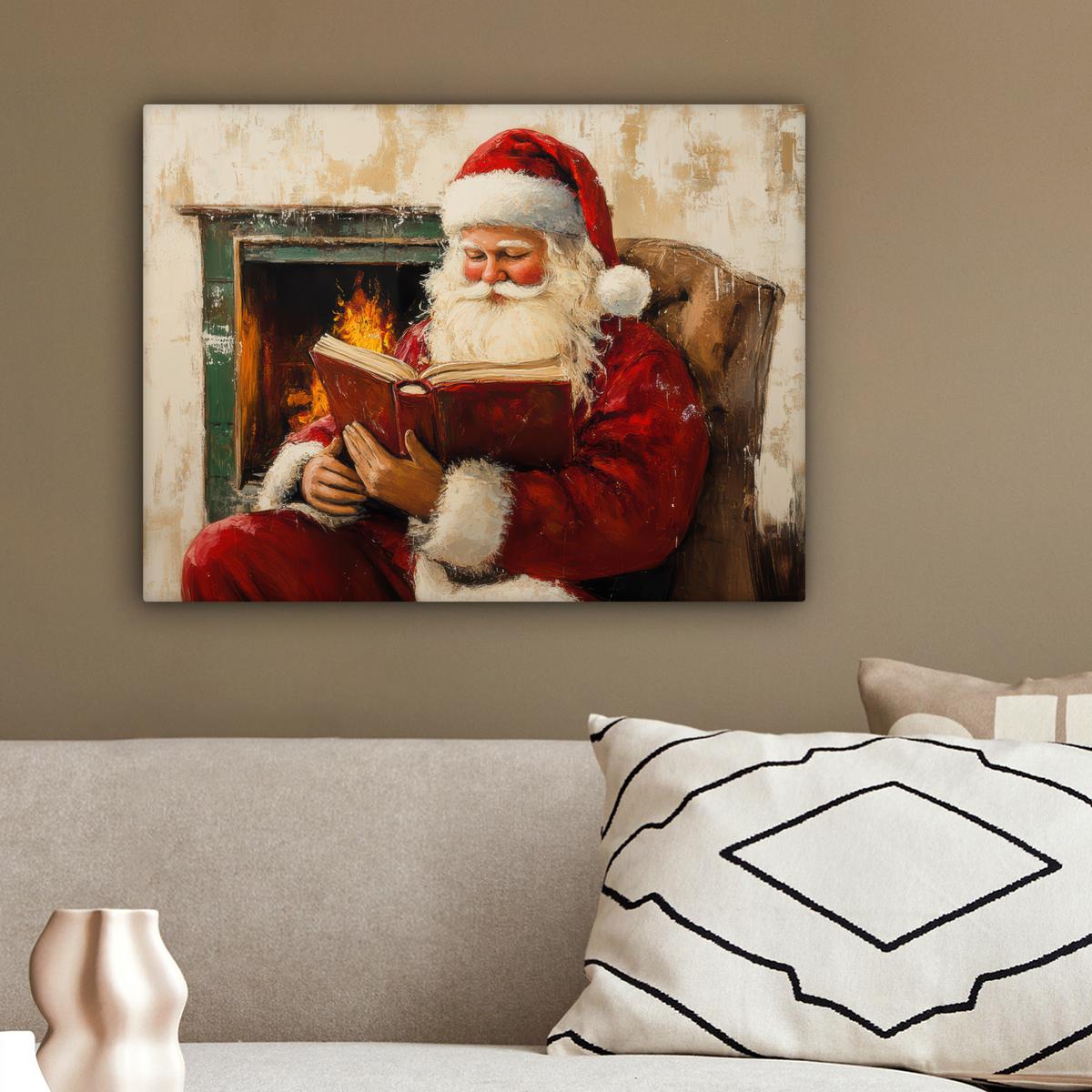 LEINWANDBILD Weihnachten - Weihnachtsmann - Winter - Open Fireside Wandbild 40x30 cm - Dunkelrot, Textil (40/30cm) - MuchoWow