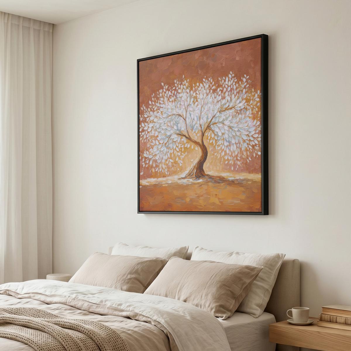 LEINWAND Bilder mit Rahmen - Abstrakt - Baum - Weiß - Blätter - 90x90 - Braun, Textil (90/90cm) - MuchoWow