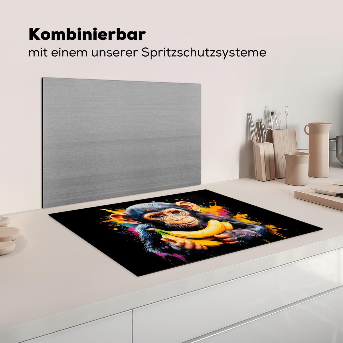 HERDABDECKPLATTE Affe - Graffiti - Farbenfroh - Bananen - Modern Herdabdeckung Induktionsfeld 70x52 cm - Gelb, Kunststoff (70/52/0.2cm) - MuchoWow