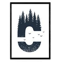 POSTER Buchstabe C Natur Wald Vögel A4 Schwarzer Rahmen - Schwarz, Papier (29.7/5/21cm) - Nacnic