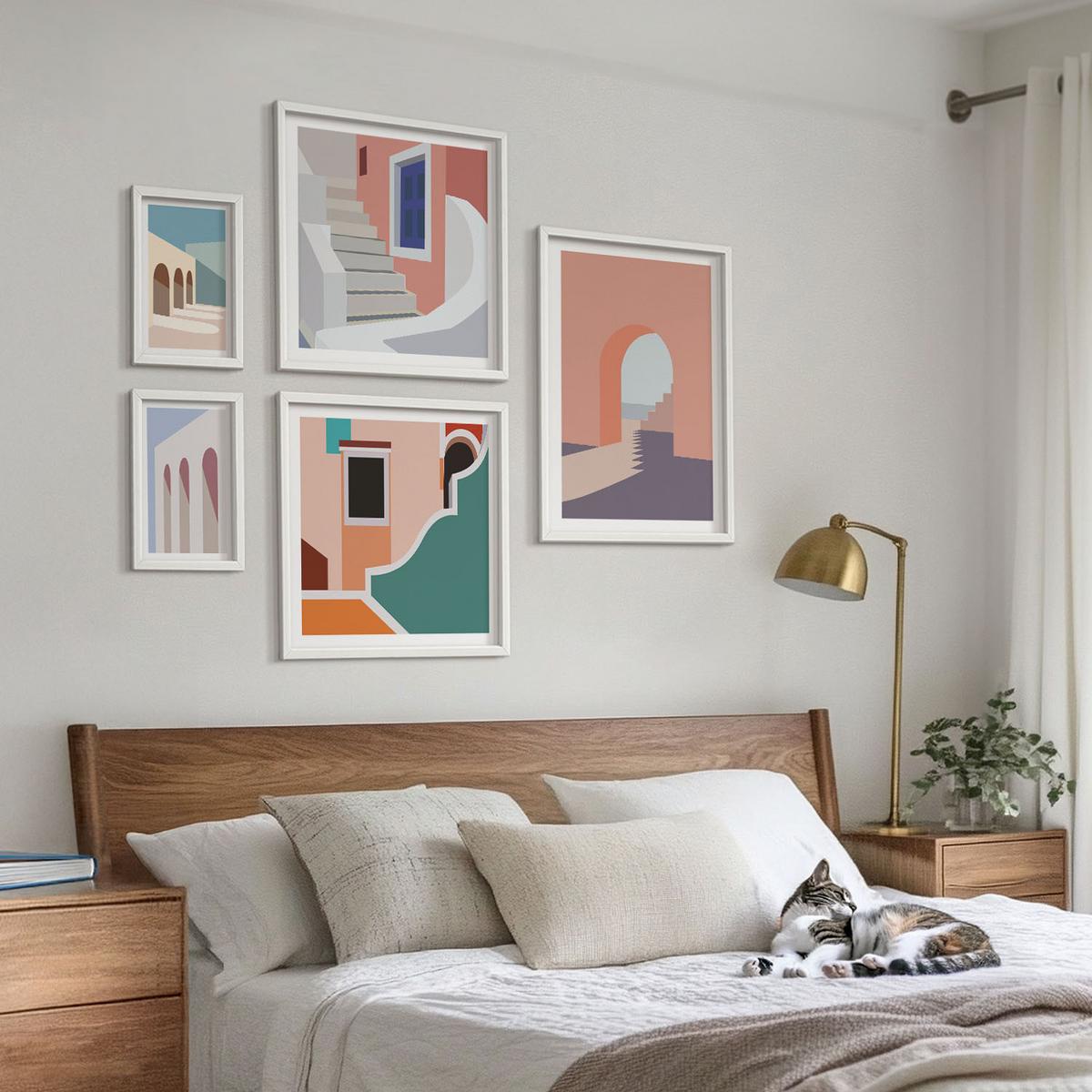 BILDER SET 5er Set - 50x50 cm & 20x30 cm & 40x60 cm Weißer Rahmen - Minimalistische Pastellgrafiken - Weiß, Kunststoff (40/60cm) - TULUP