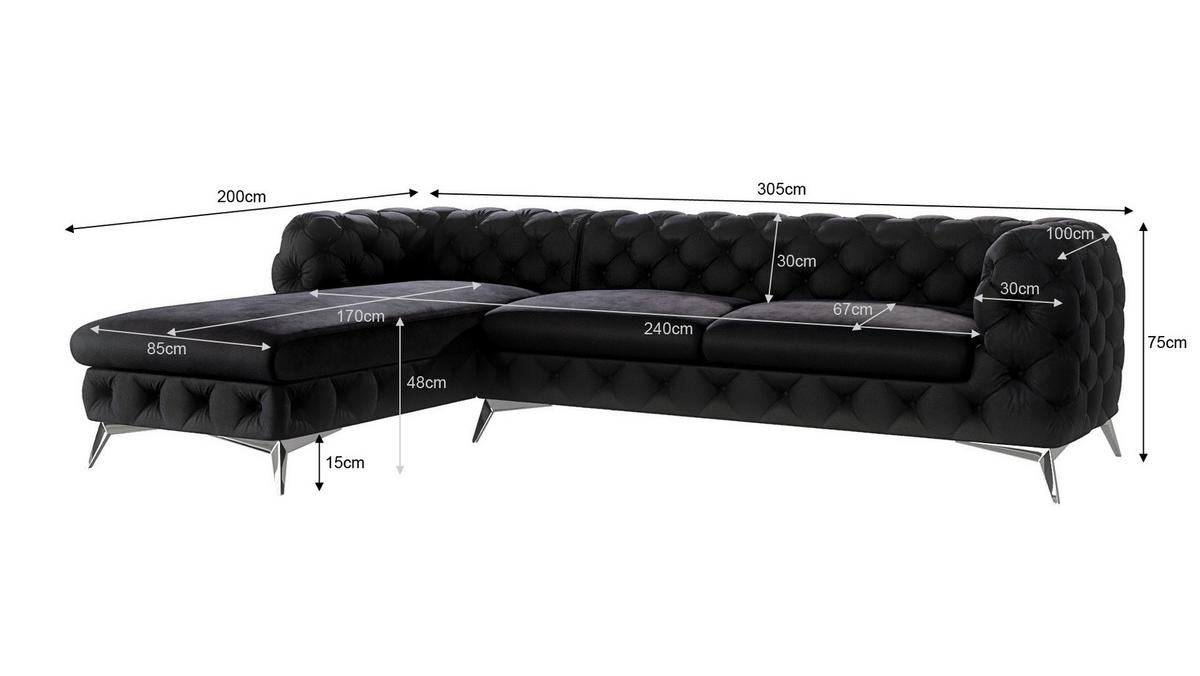 ECKSOFA Chesterfield Laura Schwarz Samt - Silberfarben/Schwarz, Holz/Textil (305/200cm) - S-Style Möbel