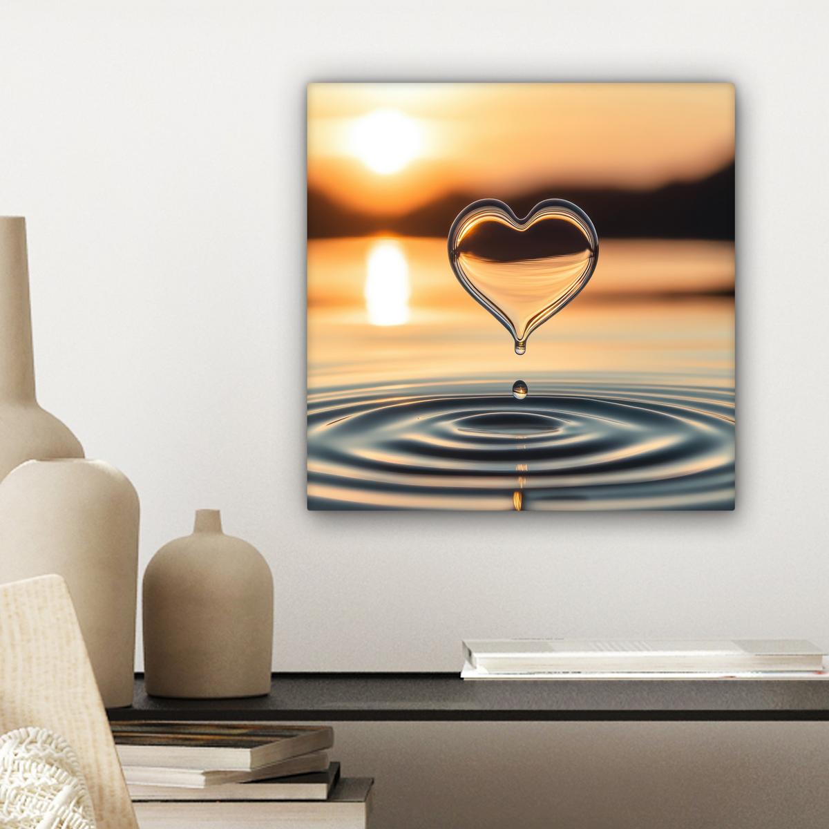 LEINWANDBILD Herz - Wasser - Sonnenuntergang - Natur - Zen Deko Wohnzimmer 20x20 cm - Bernsteinfarben, Textil (20/20cm) - MuchoWow