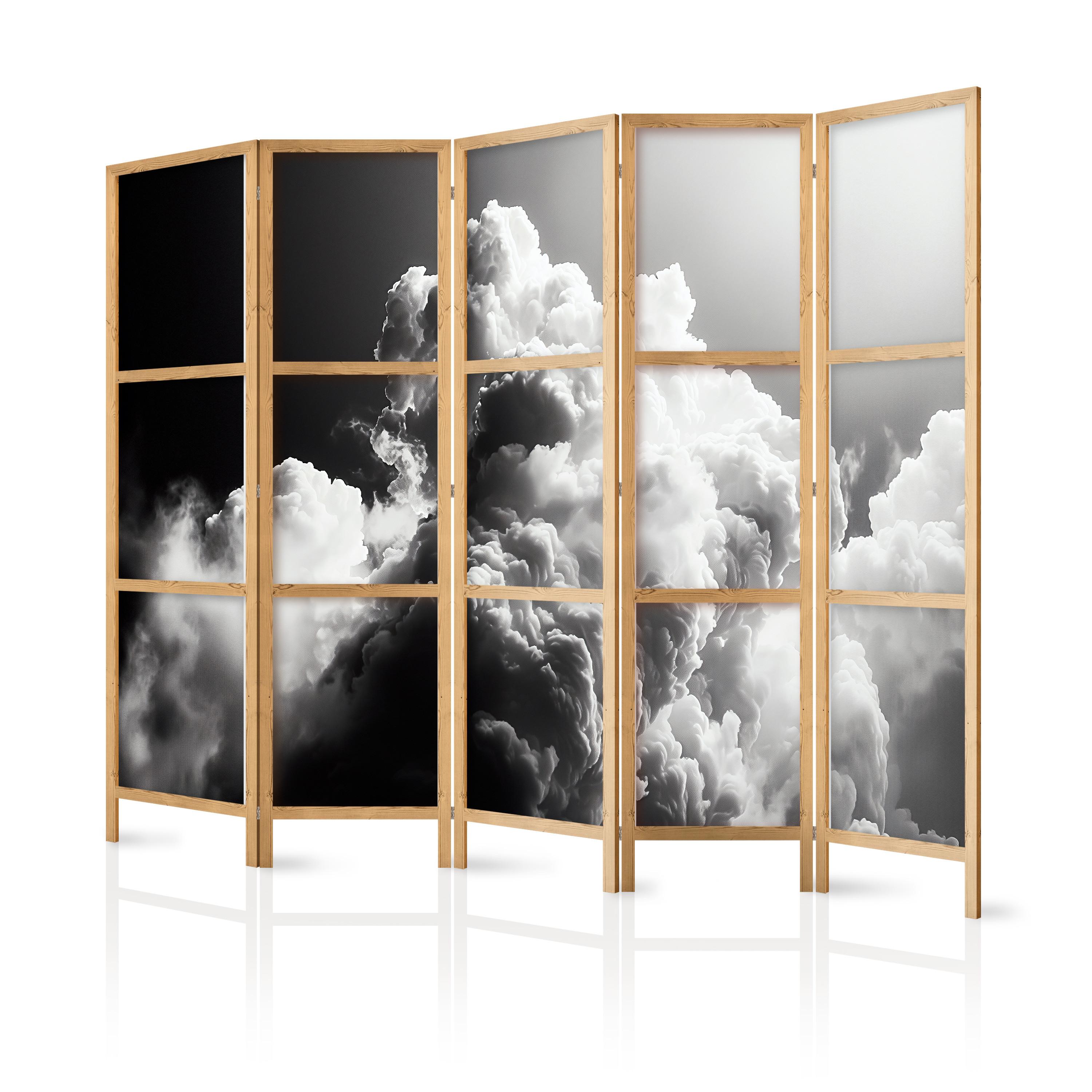 PARAVENT Japanischer 5-tlg 225x172 cm Schwarz-Wei e Wolken - Schwarz, Holz/Textil (225/172/3cm) - Muralo