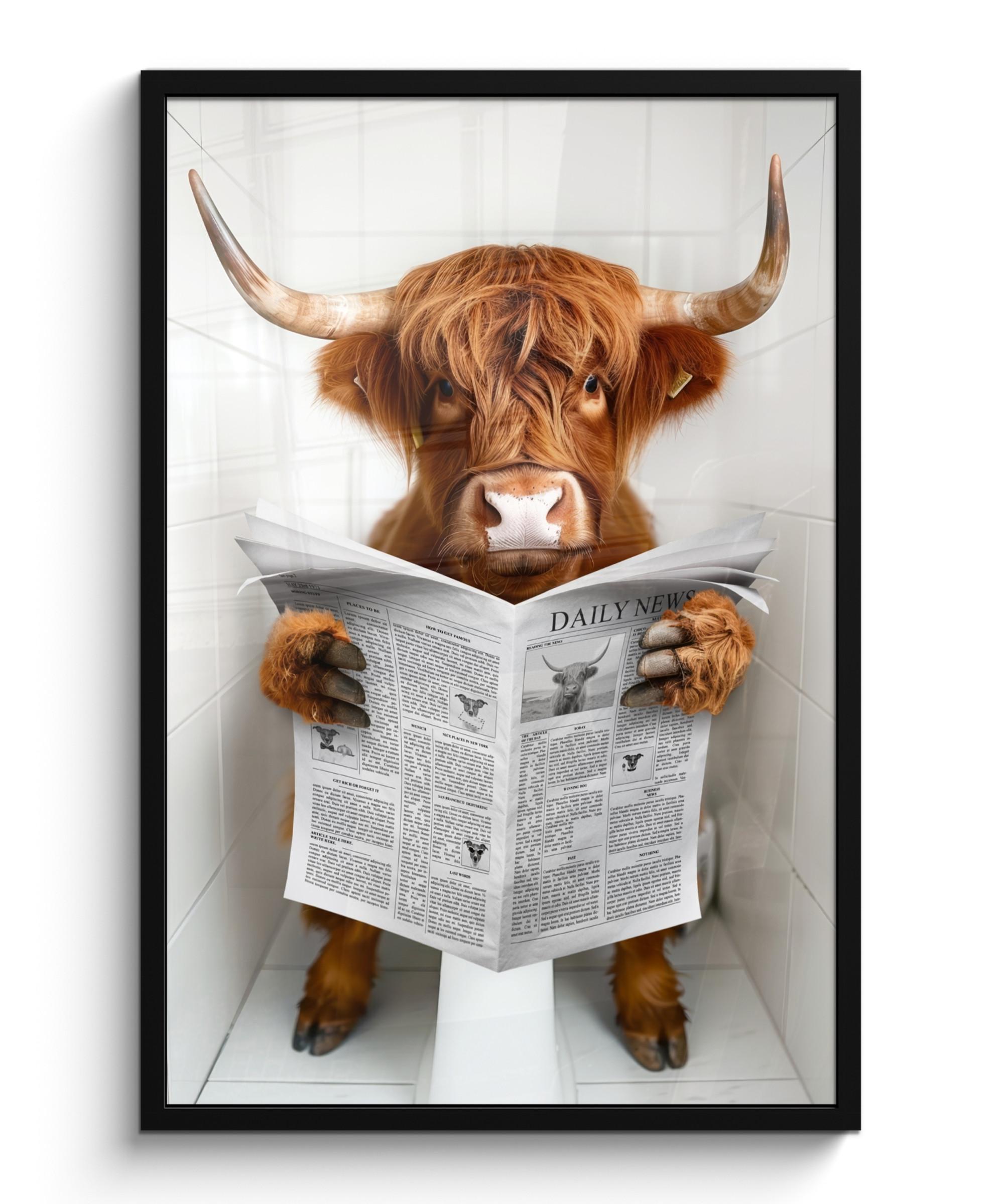 POSTER MIT RAHMEN Schottischer Highlander - Tier - Zeitung - Toilette 60x90 cm - Kastanienfarben, Papier (60/90cm) - MuchoWow