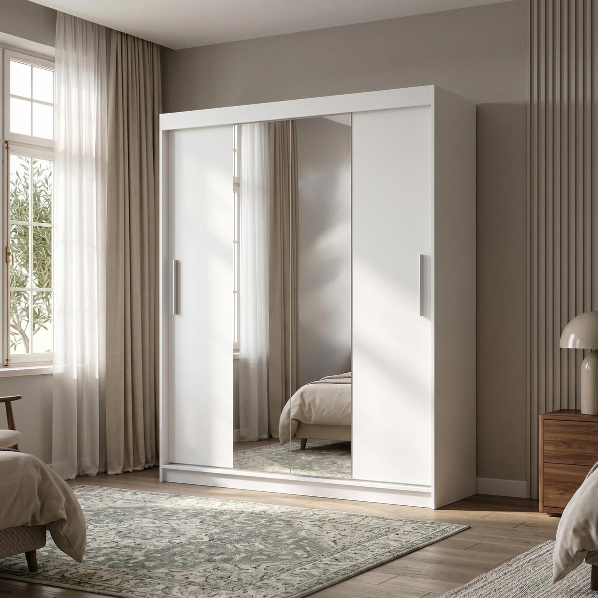 SCHWEBETÜRENSCHRANK VIVA 180/215,5/59cm 2-türig mit Spiegel Weiß - Weiß, Holzwerkstoff (180/215.5/59cm) - MASSENO