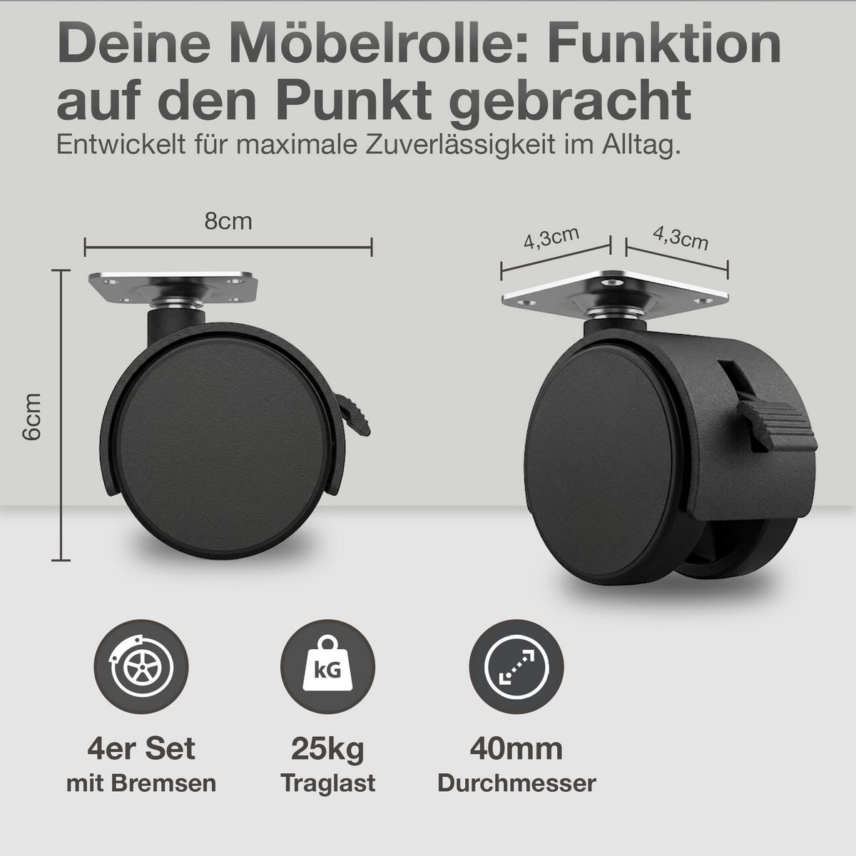 MÖBELROLLEN 40 mm 4er Set mit Bremse - Schwarz, Kunststoff (4/6/8cm) - K-Möbel