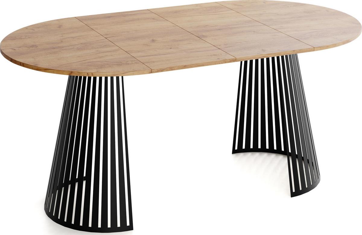 ESSTISCH Naro rund ausziehbar mit Schwarzem Lamellen-Metallgestell, Braun 120-200/120/76 cm - Eiche Wotan/Schwarz, Holzwerkstoff/Metall (120/196/76cm) - WFL GROUP
