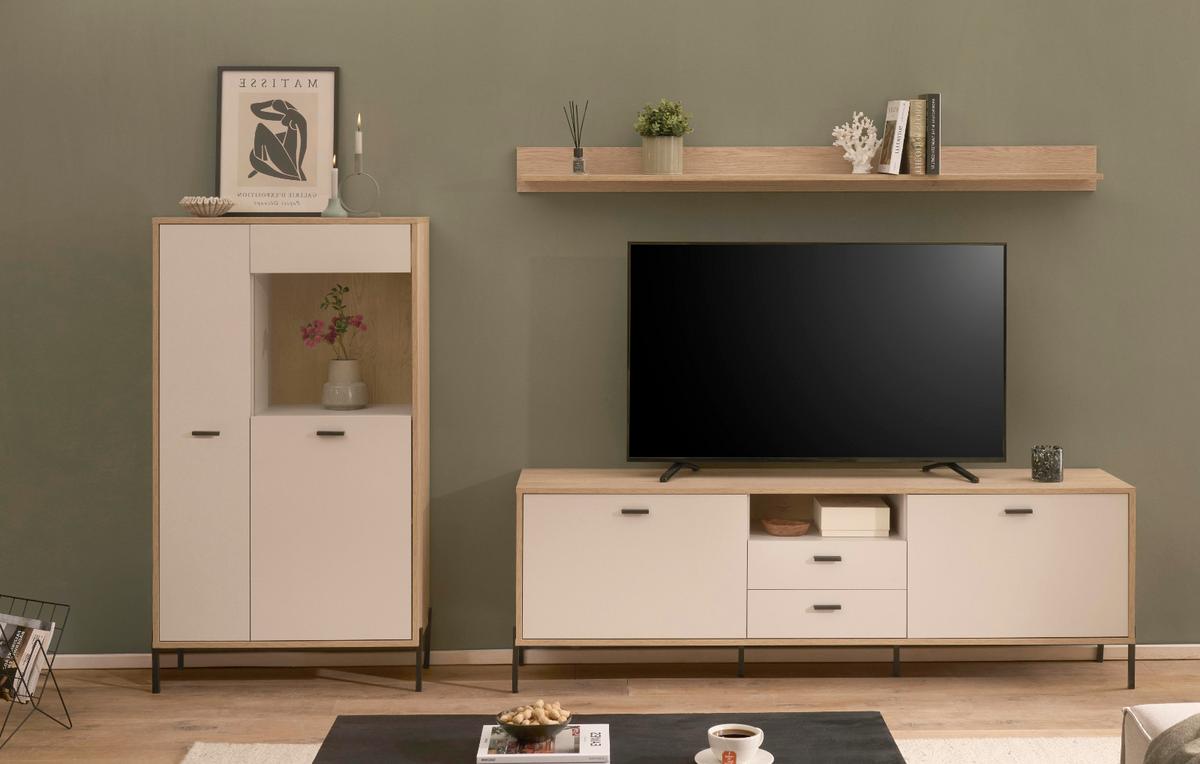 WOHNWAND Kaschmir, Eiche 285 cm 3-teilig, Wohnkombination mit Soft-Close - Kaschmir/Eichefarben, Glas/Holzwerkstoff (285/170/40cm) - Furn.Design