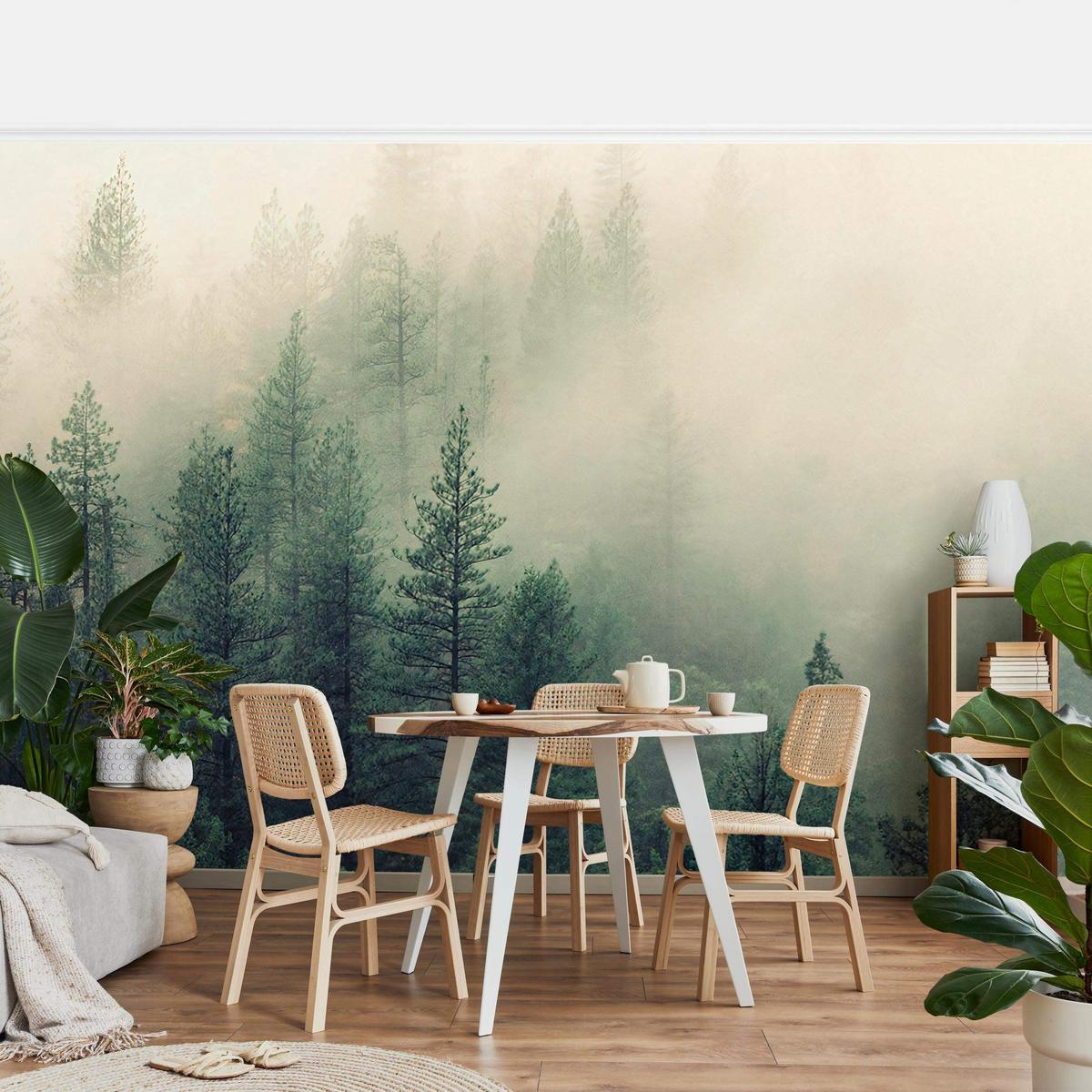 FOTOTAPETE Wald im Nebel Erwachen 384/255 cm - Grün, Papier (384/255cm) - Bilderwelten