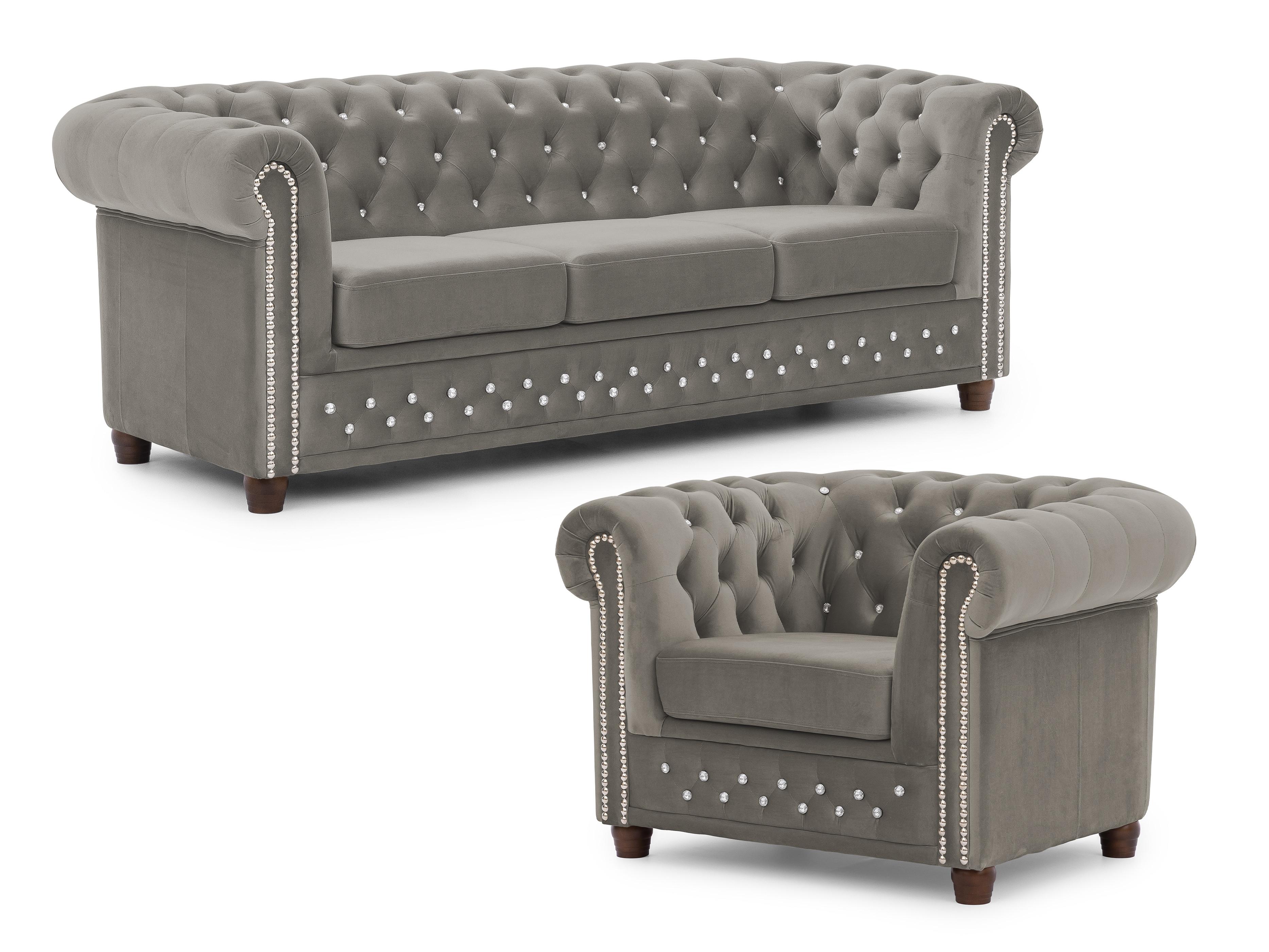 SITZGARNITUR 3+1 Chesterfield Cleo Blink Grau Samt mit Kristallsteppung und braunen Massivholzfüßen - Braun/Grau, Holz/Textil (203/72/86cm) - S-Style Möbel