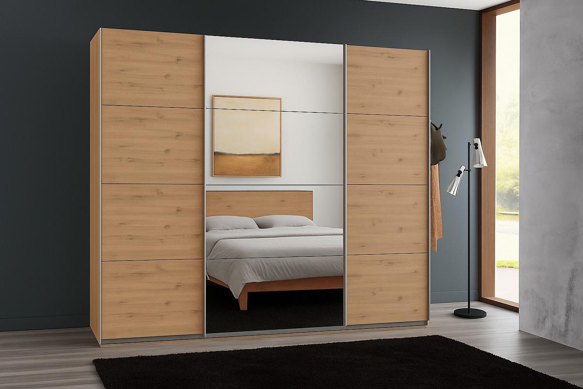 SCHWEBETÜRENSCHRANK 3-türig B225/H208/T64 cm in Eiche Artisan Dekor, Kleiderschrank mit einer Spiegeltür / 22520 - Edelstahlfarben/Eichefarben, Holzwerkstoff/Metall (225/208/64cm) - luma-home