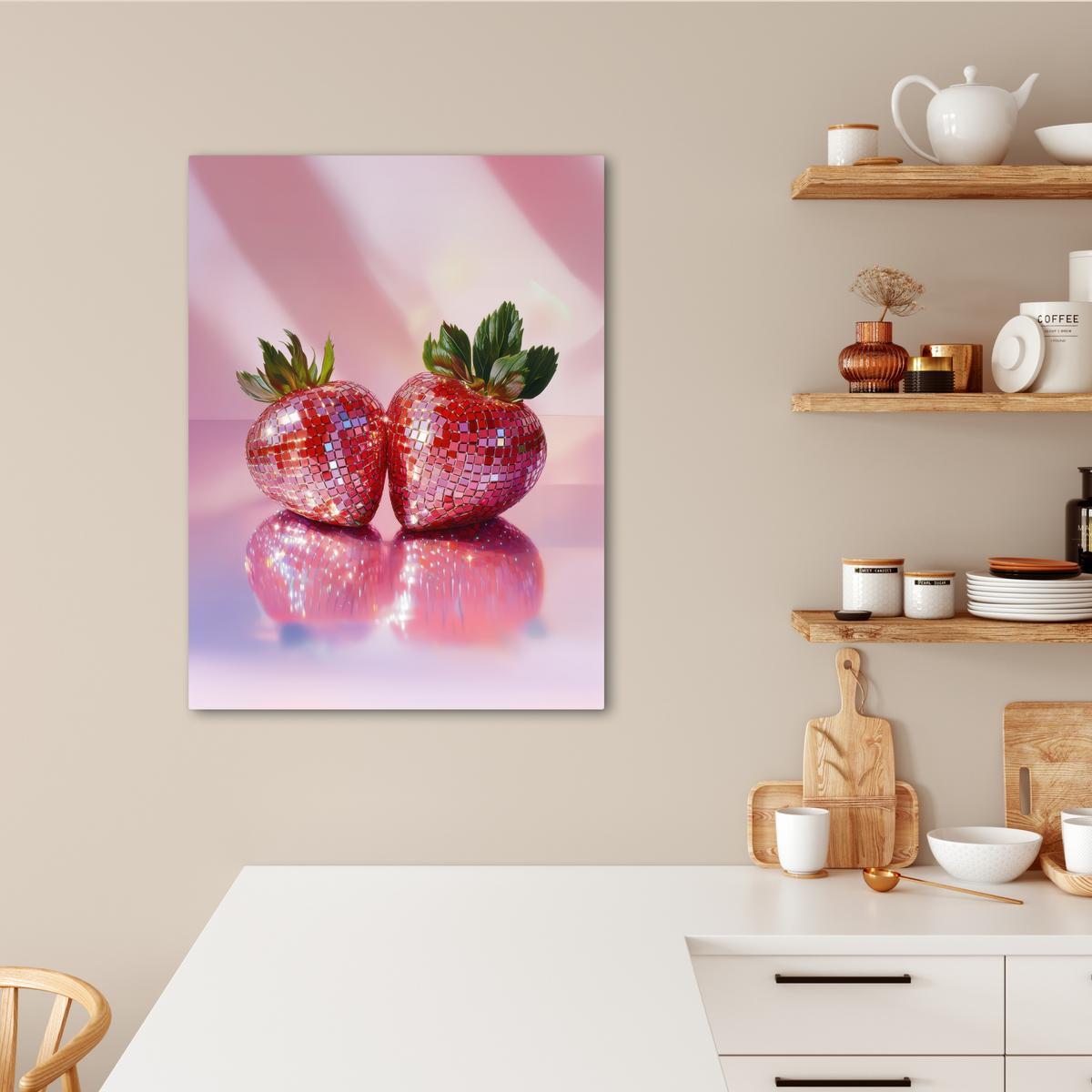 LEINWANDBILD Disco - Obst - Glitzer - Erdbeere Wandbild Wohnzimmer 60x80 cm - Pink, Textil (60/80cm) - MuchoWow