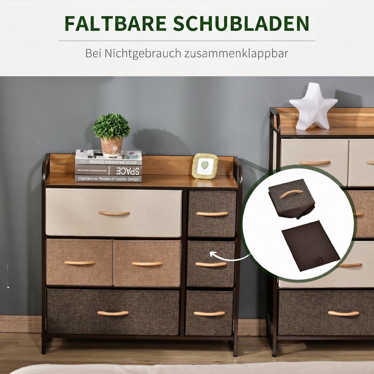 KOMMODE Leinenstoff Stahl Bunt - Multicolor/Naturfarben, Holz/Textil (29/78.5/80cm) - HOMCOM