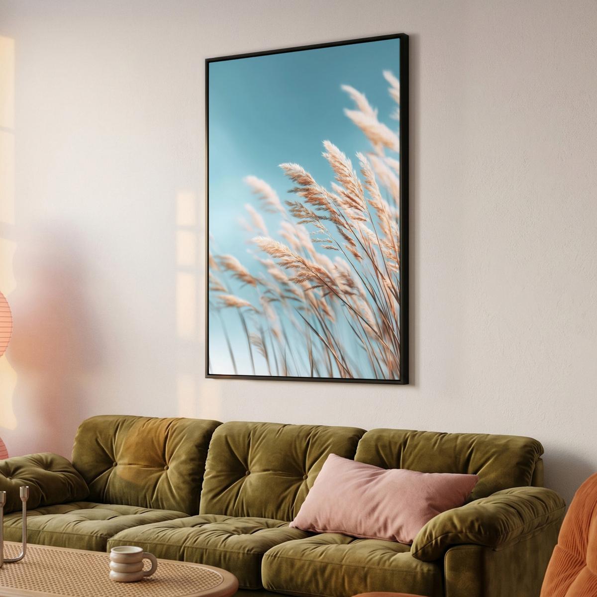 LEINWAND Bilder mit Rahmen - Ziergras - Wind - Hellbraun - 80x120 - Hellblau, Textil (80/120cm) - MuchoWow