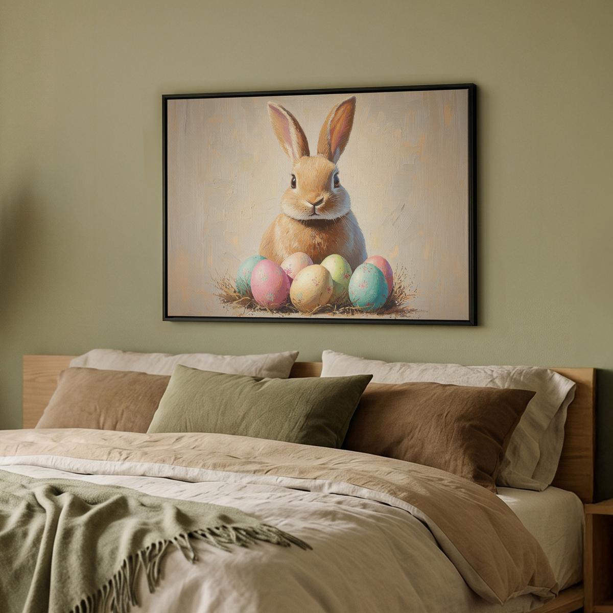 LEINWAND Bilder mit Rahmen - Osterhase - Pastell - Eier - 70x50 - Beige, Textil (70/50cm) - MuchoWow