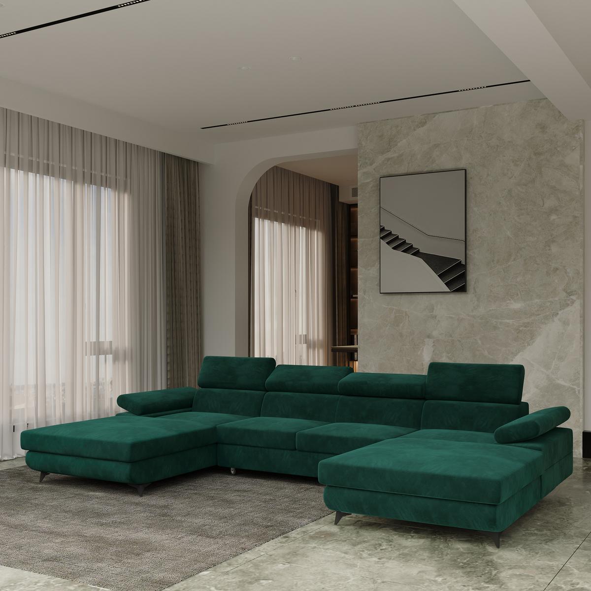 WOHNLANDSCHAFT DETTI Grün Velours-Stoff mit Schlaffunktion - Grün, Holz (339/89/190cm) - MASSENO