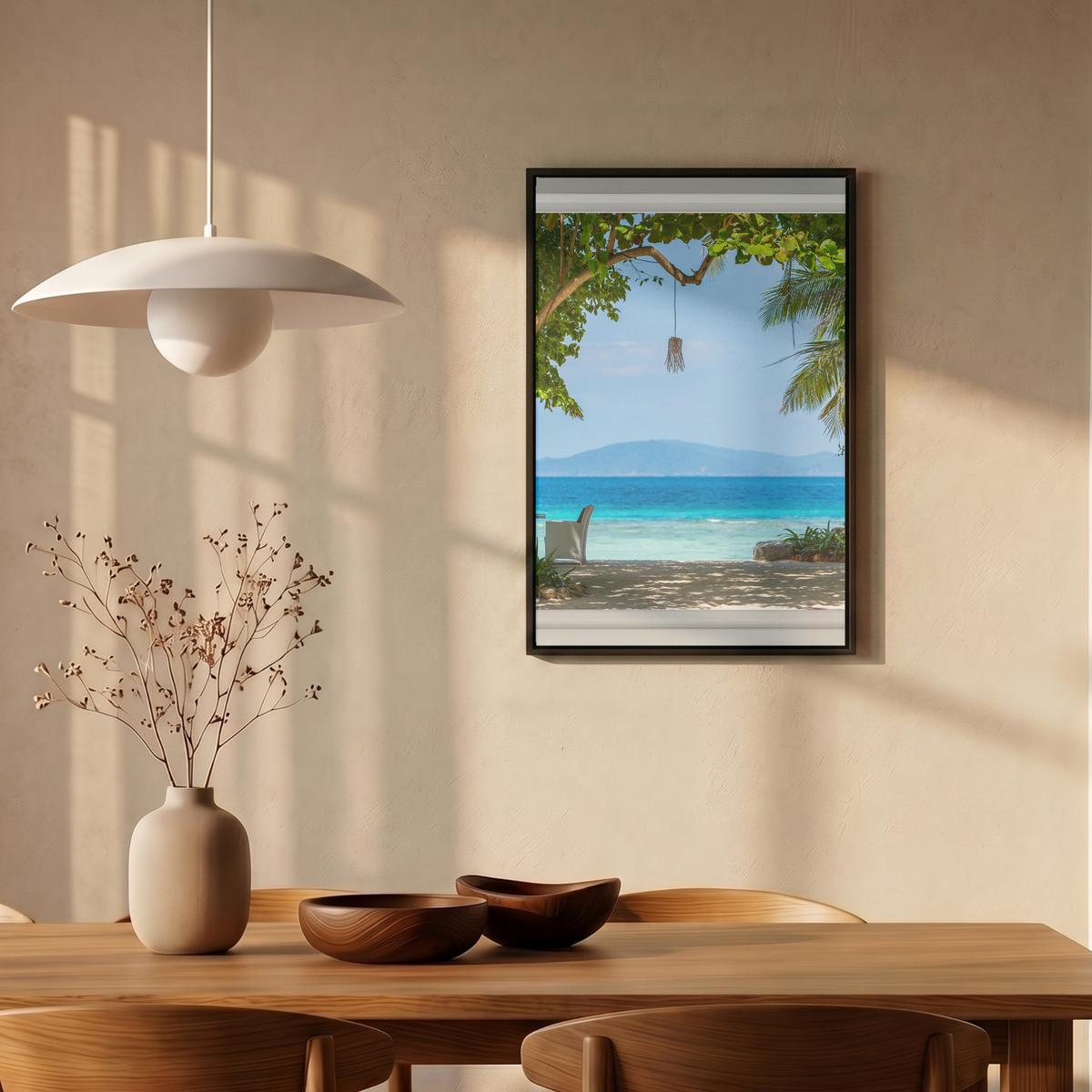 LEINWAND Bilder mit Rahmen - Aussicht - Baum - Meer - Palme - Hügel - Strand - Blau - 40x60 - Blau, Textil (40/60cm) - MuchoWow