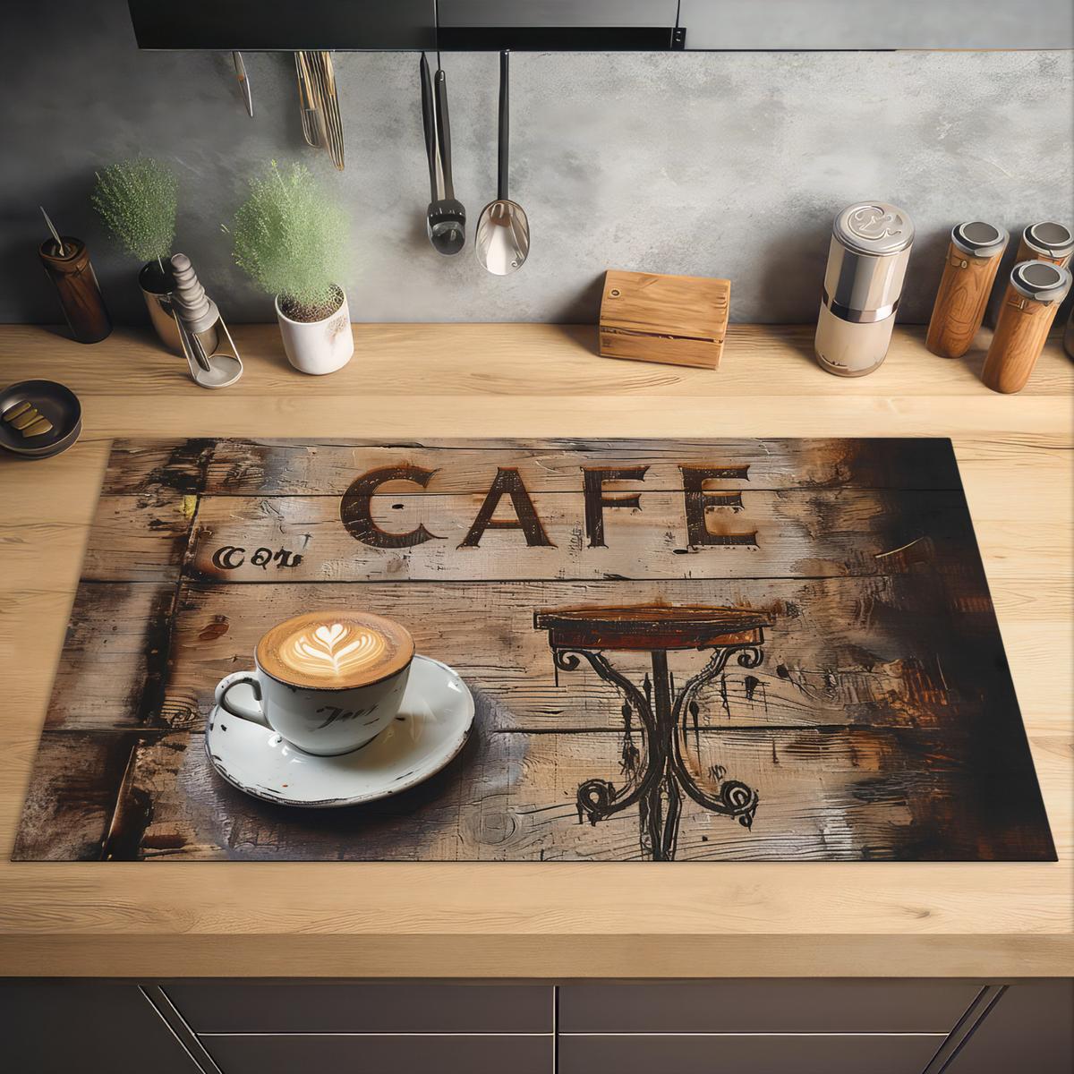 HERDABDECKPLATTE Cafe - Holz - Kaffee - Regale Induktionsschutz 91.6x52.7 cm - Schwarz, Kunststoff (91.6/52.7/0.2cm) - MuchoWow