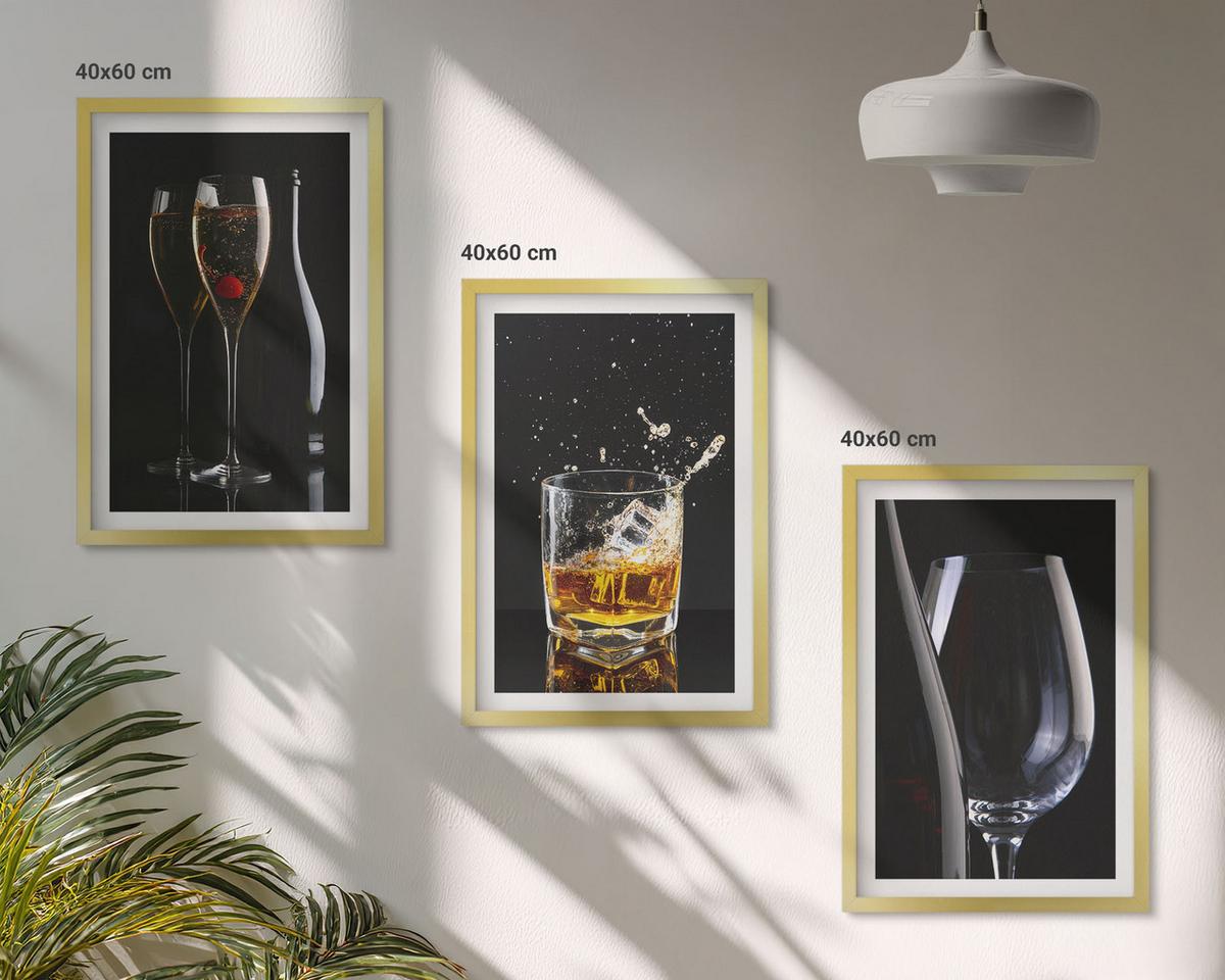 BILDER SET 3er Set - 40x60 cm Goldrahmen - Weingläser und Whiskygläser auf schwarzem Hintergrund - Goldfarben, Kunststoff (40/60cm) - TULUP
