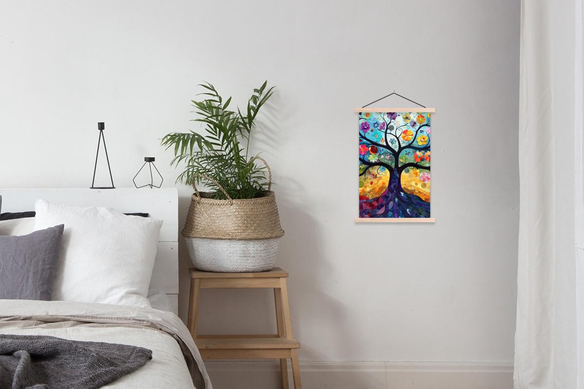 POSTER MIT MAGNETLEISTEN Kunst - Baum des Lebens - Blumen - Hippie Deko Wohnzimmer 40x60 cm - Dunkelblau, Textil (40/60/0.15cm) - MuchoWow