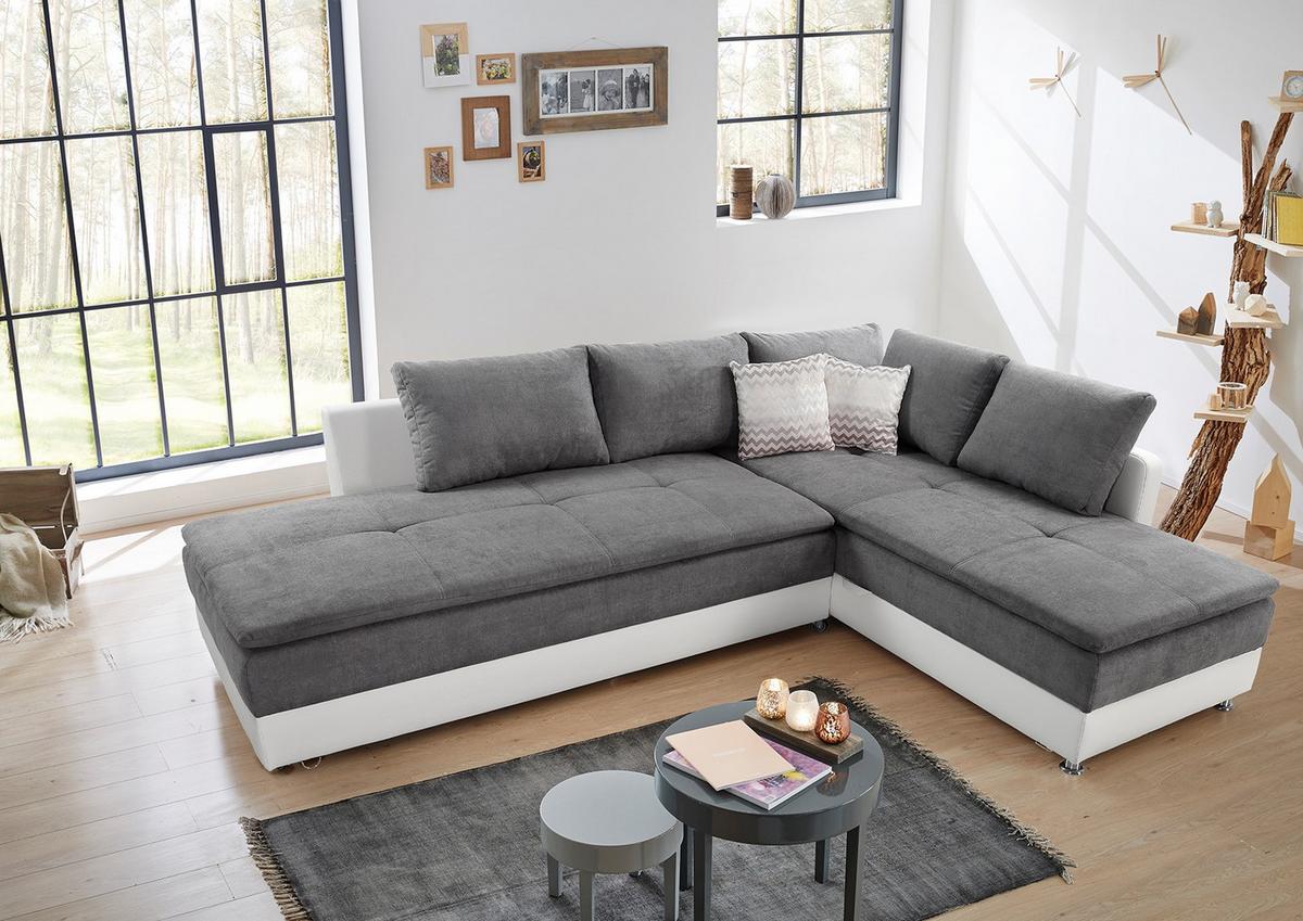 ECKSOFA-DAUERSCHLÄFER Doppelbett Boxspring Federkern Topper, Schwenkteil links B306/T223/H95 cm, Kunstleder Weiß+ Mikrofaser Hellgrau / 15103 - Chromfarben/Hellgrau, Kunststoff/Textil (306/223cm) - luma-home