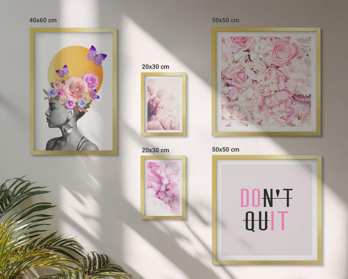 BILDER SET 5er Set - 50x50 cm & 20x30 cm & 40x60 cm Goldrahmen - Abstraktes Blumenporträt einer Frau - Goldfarben, Kunststoff (40/60cm) - TULUP