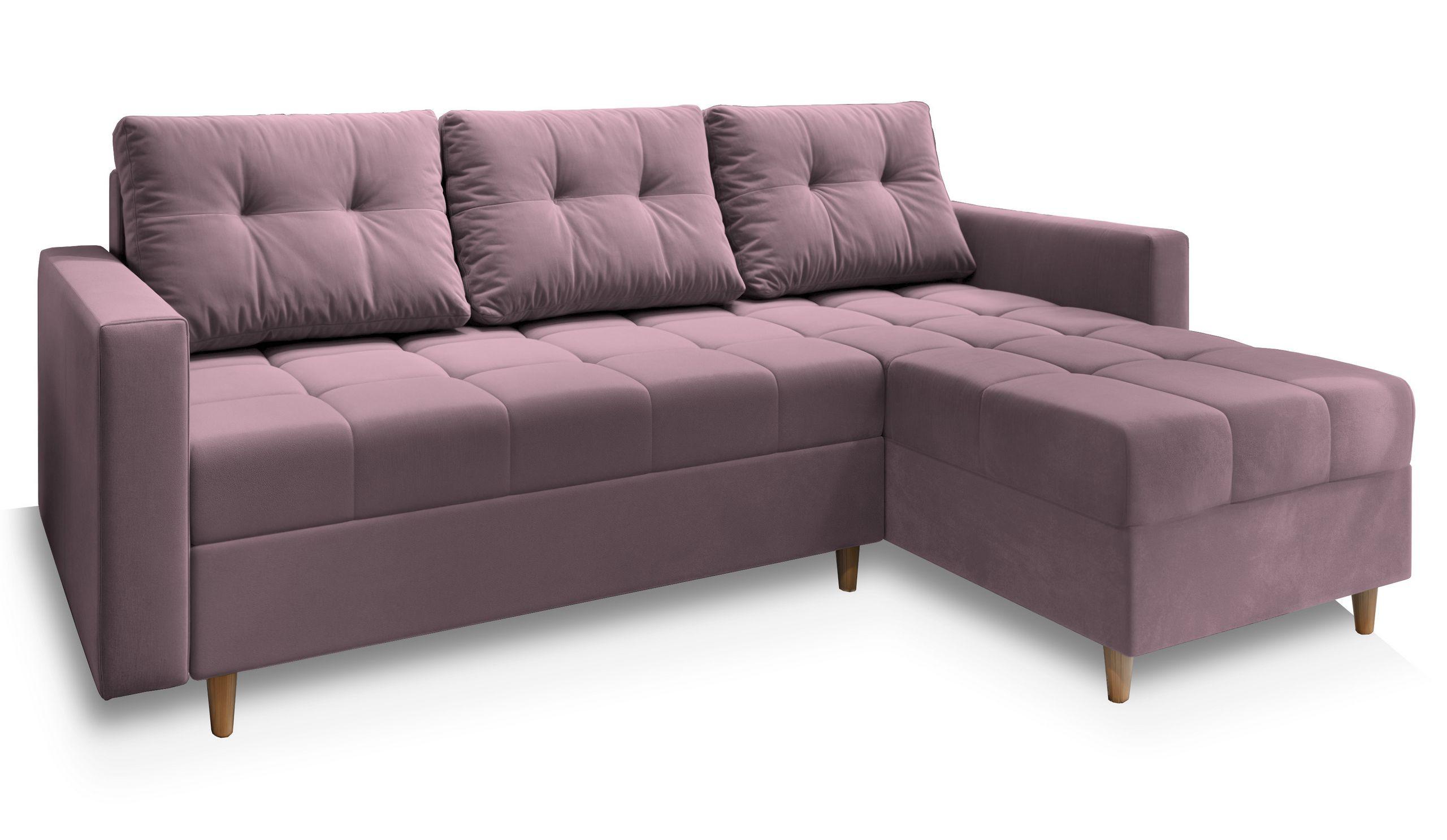 ECKSOFA MILO L Rosa Plüsch-Stoff mit Schlaffunktion - Rosa/Braun, Holz/Textil (220/140cm) - MASSENO