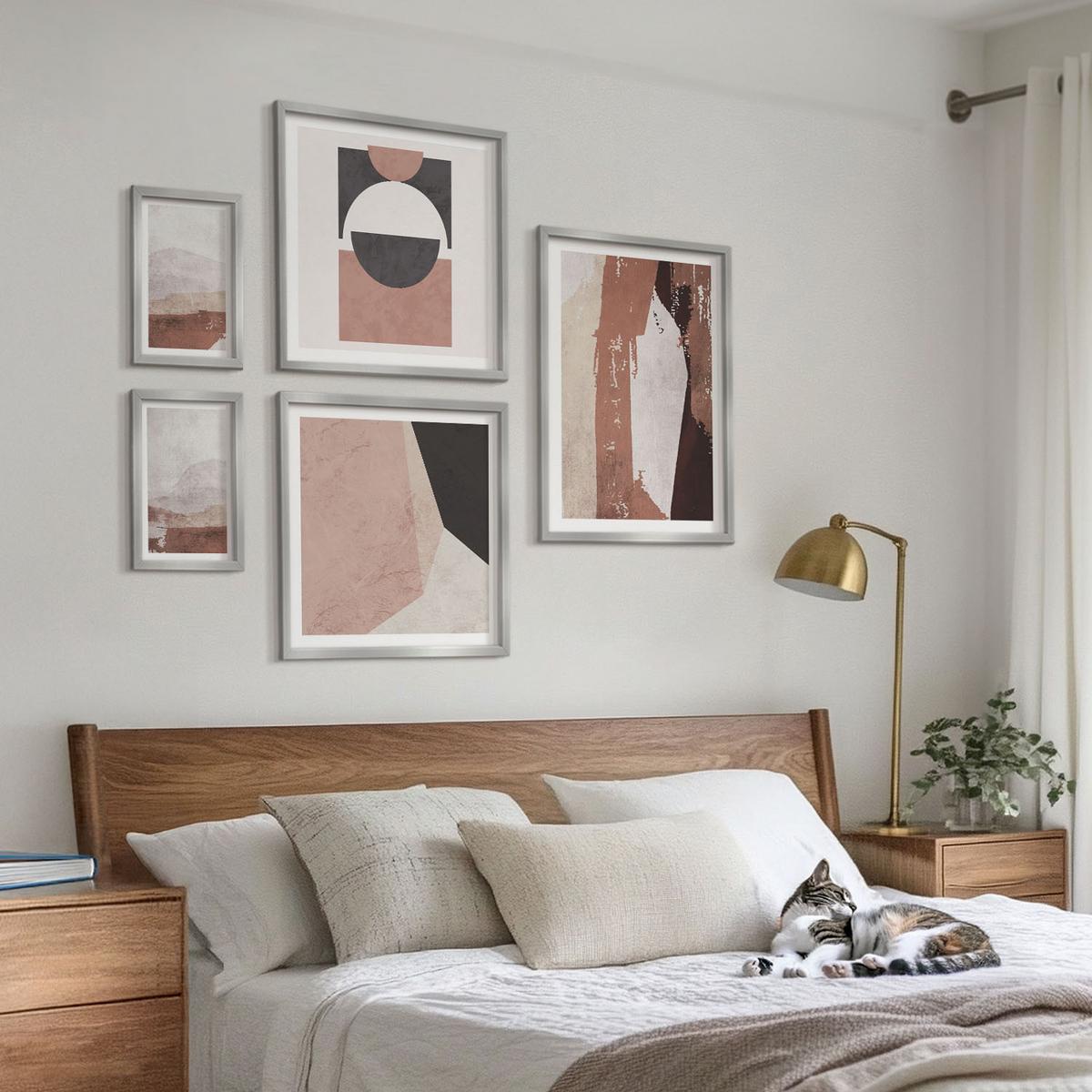 BILDER SET 5er Set - 50x50 cm & 20x30 cm & 40x60 cm Silberner Rahmen - Abstrakte braune Muster - Silberfarben, Kunststoff (40/60cm) - TULUP