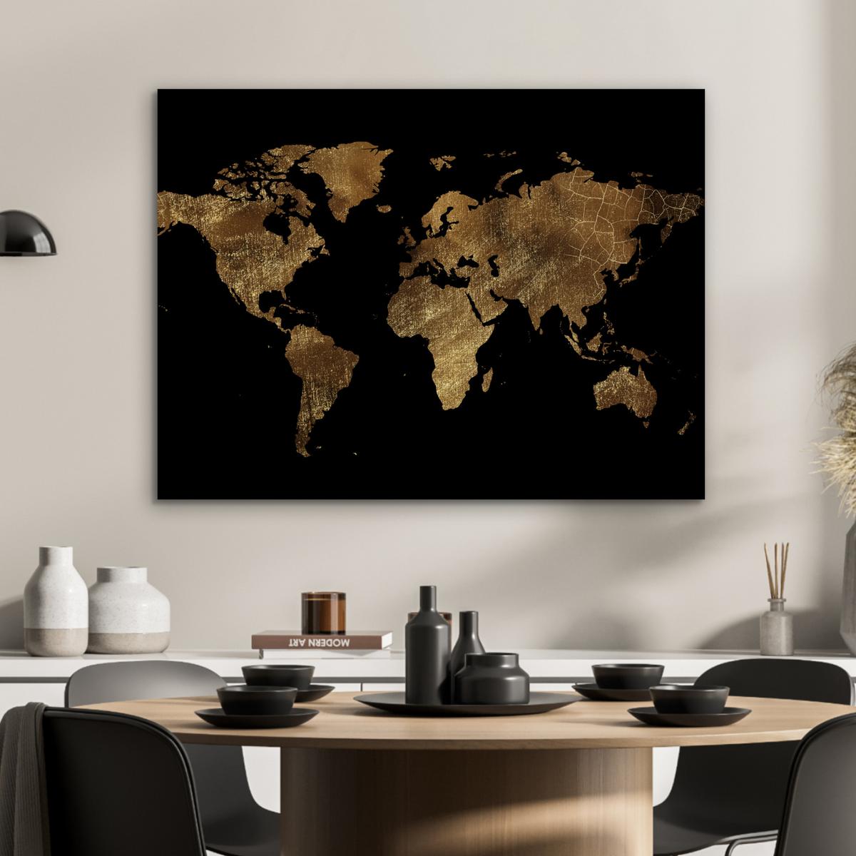 METALLBILD Weltkarte - Gold - Luxus - Erde - Schwarz 80x60 cm - Goldfarben, Metall (80/60cm) - MuchoWow
