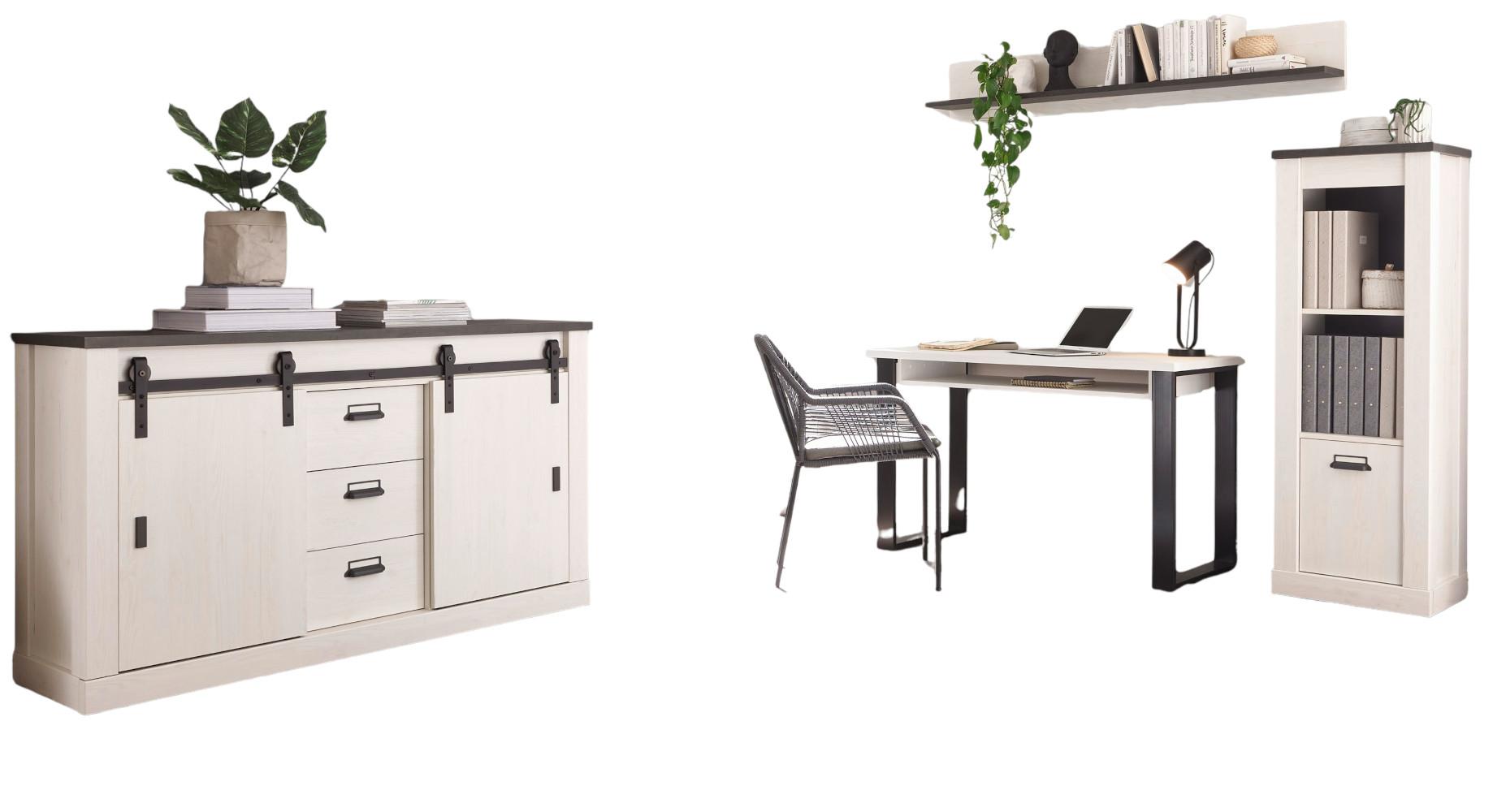 BÜROMÖBEL-SET Set weiß Pinie, anthrazit Landhaus mit Aktenregal, Kommode - Anthrazit/Weiß, Holzwerkstoff (60/377/200cm) - Furn.Design