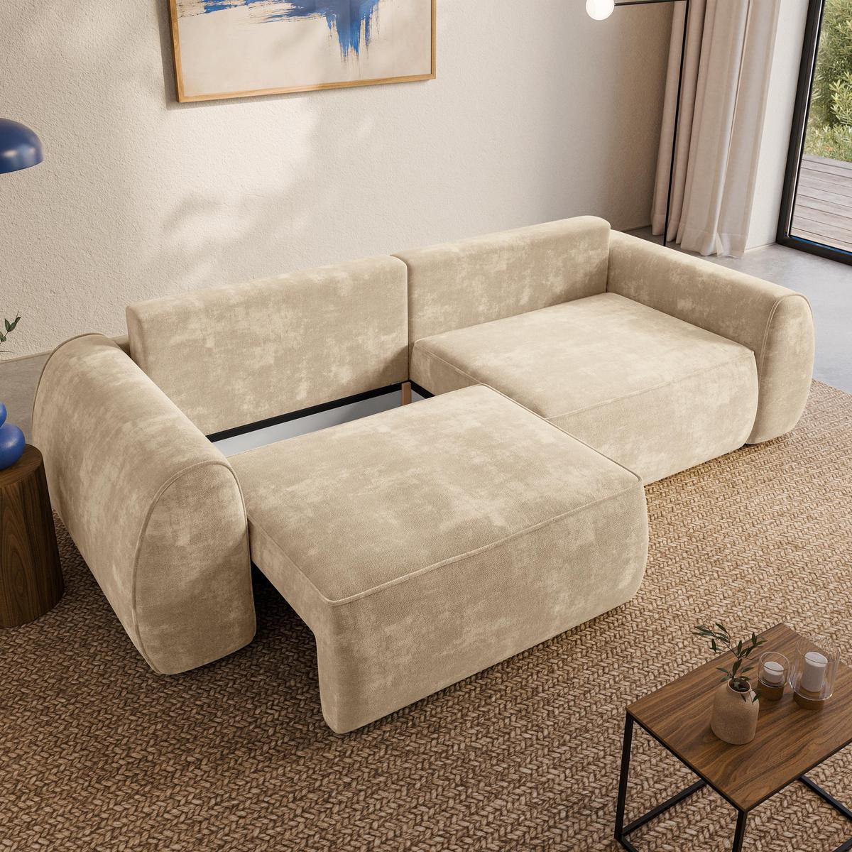 BETTSOFA ZEFEO Creme Chenille-Stoff mit Schlaffunktion - Creme, Textil (264/96/106cm) - MASSENO