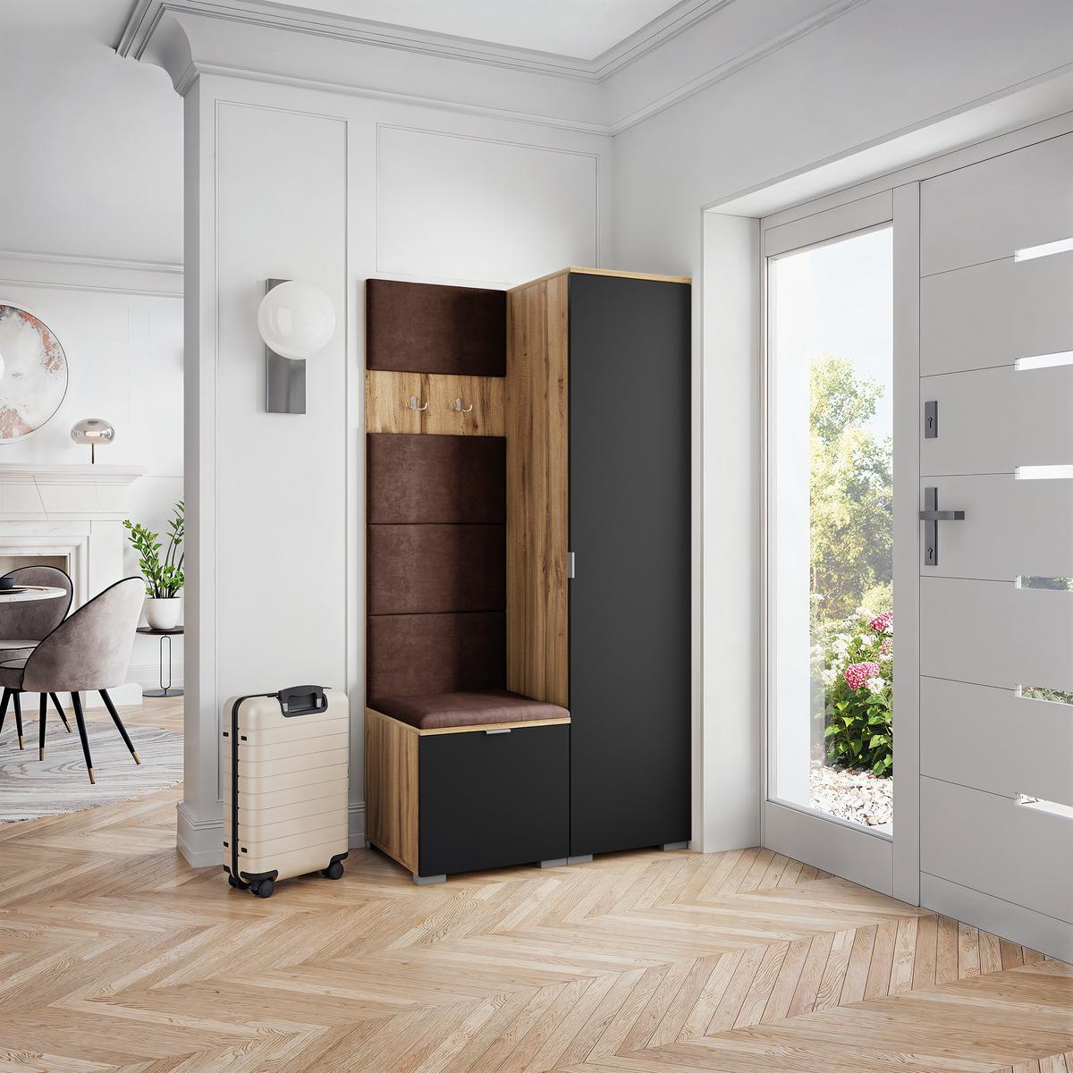 GARDEROBENSCHRANK LORI 95/181/51 cm Modern Garderobe-Set Eiche Wotan - Eiche Wotan/Schwarz, Holzwerkstoff (95/181/51cm) - MASSENO