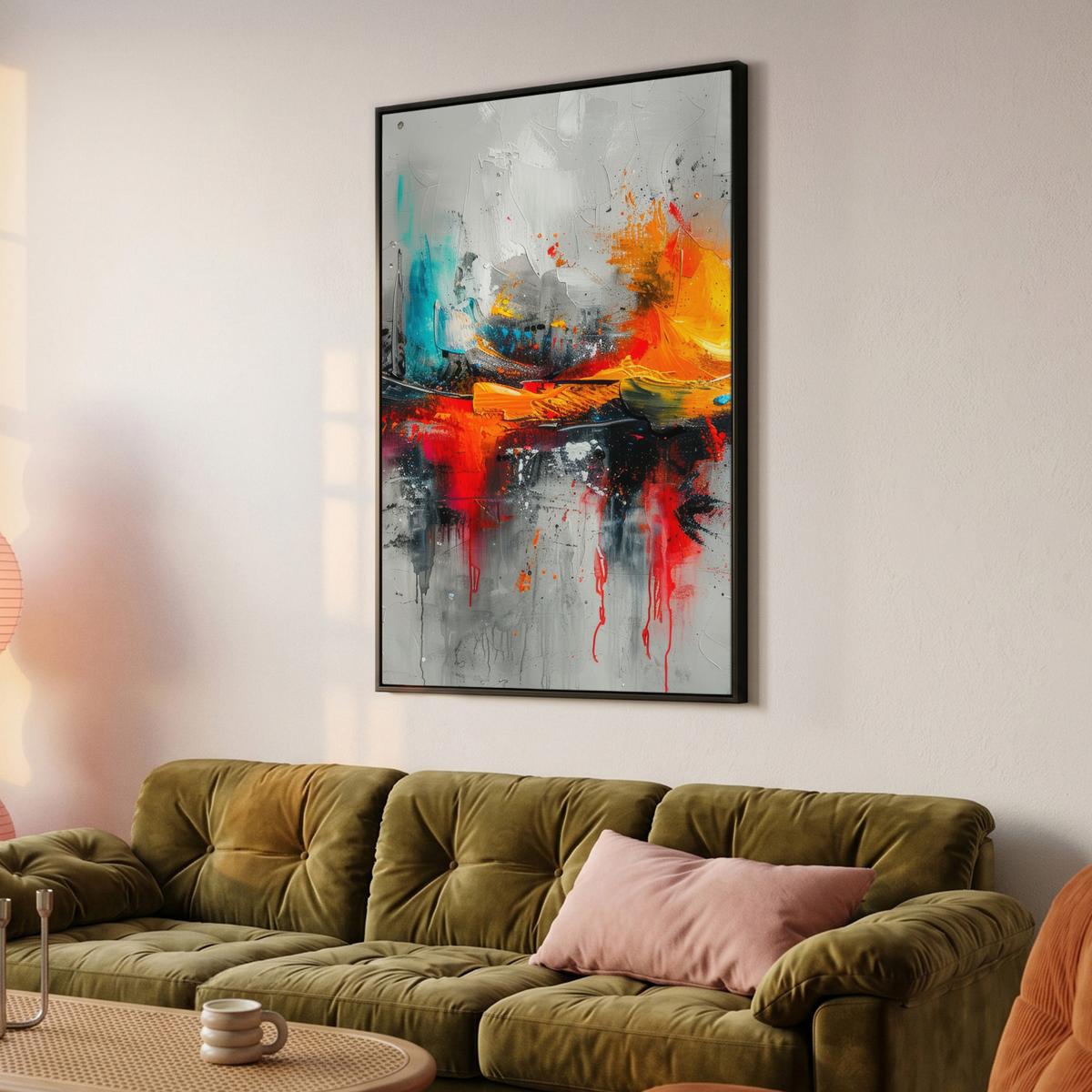 LEINWAND Bilder mit Rahmen - Moderne Kunst - Orange - Grau - Abstrakt - 100x150 - Hellgrau, Textil (100/150cm) - MuchoWow