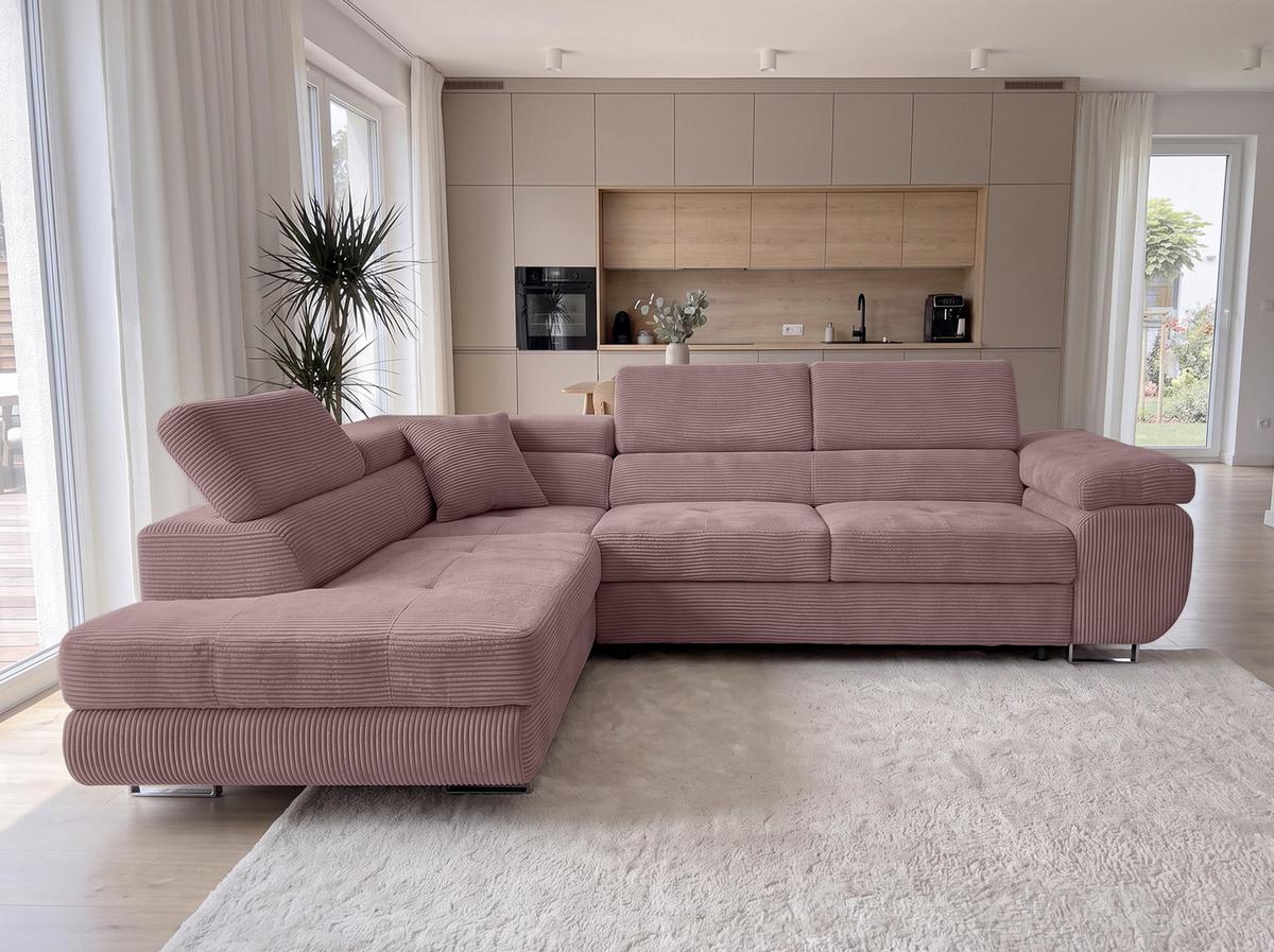 ECKSOFA L Form Konak Rosa 276/201/90 cm Links mit Schlaffunktion - Silberfarben/Rosa, Textil/Metall (203/276cm) - AX Living