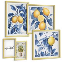 BILDER SET 5er Set - 50x50 cm & 20x30 cm & 40x60 cm Goldrahmen - Zitronenzweige mit blauen Blättern - Goldfarben, Kunststoff (40/60cm) - TULUP