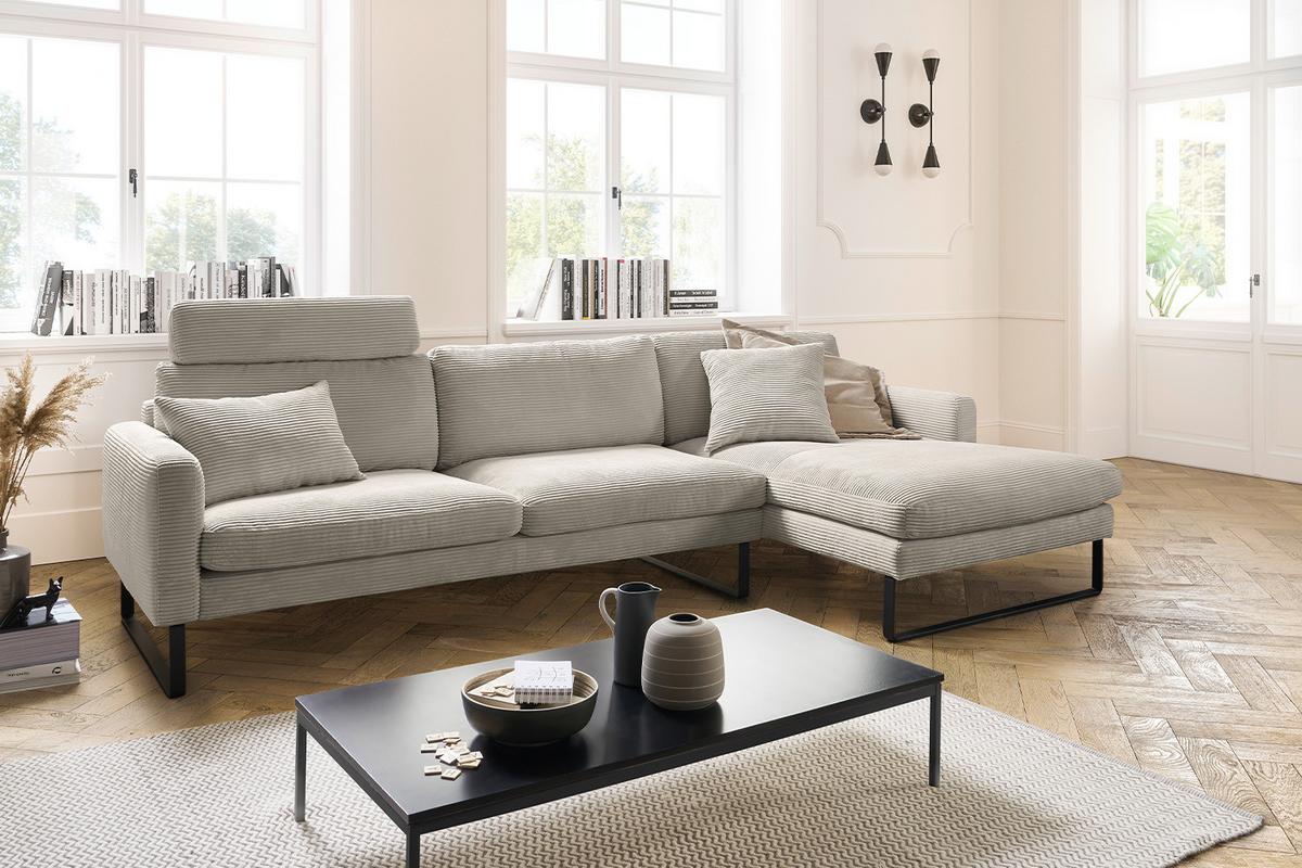 ECKSOFA RICARDA Granit Cord - Greige/Schwarz, Textil/Metall (298/154cm) - KAWOLA