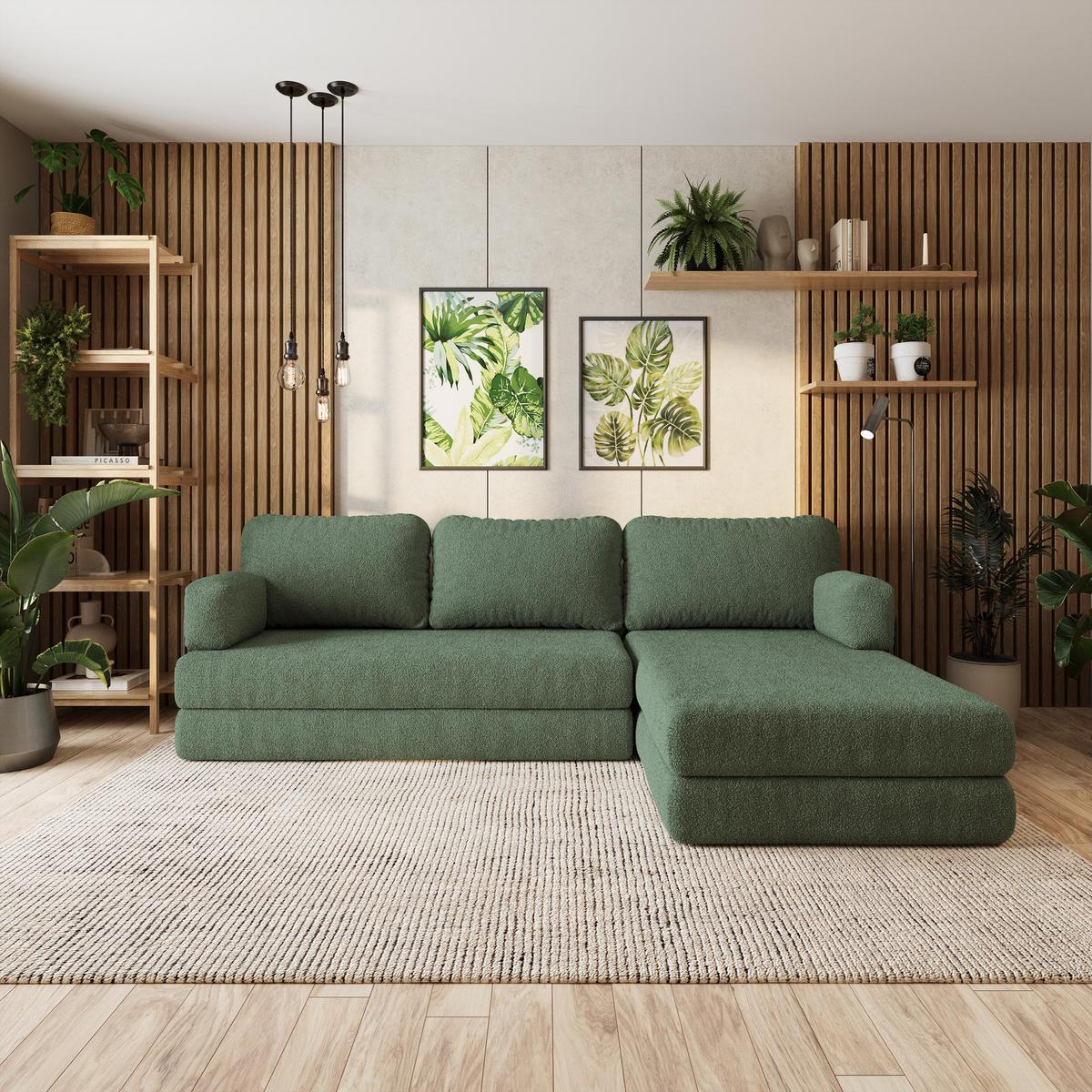 ECKSOFA LEA modulares Boneless Sofa mit Schlaffunktion Grün Boucle-Stoff - Grün, Textil (270/160cm) - MASSENO