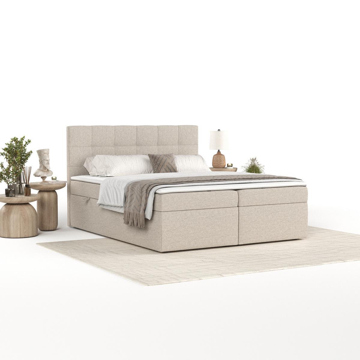BOXBETT Lean 140/200 cm Hellbeige im Megan Stoff - Sandfarben/Schwarz, Holz/Holzwerkstoff (140/200cm) - AltaBeds